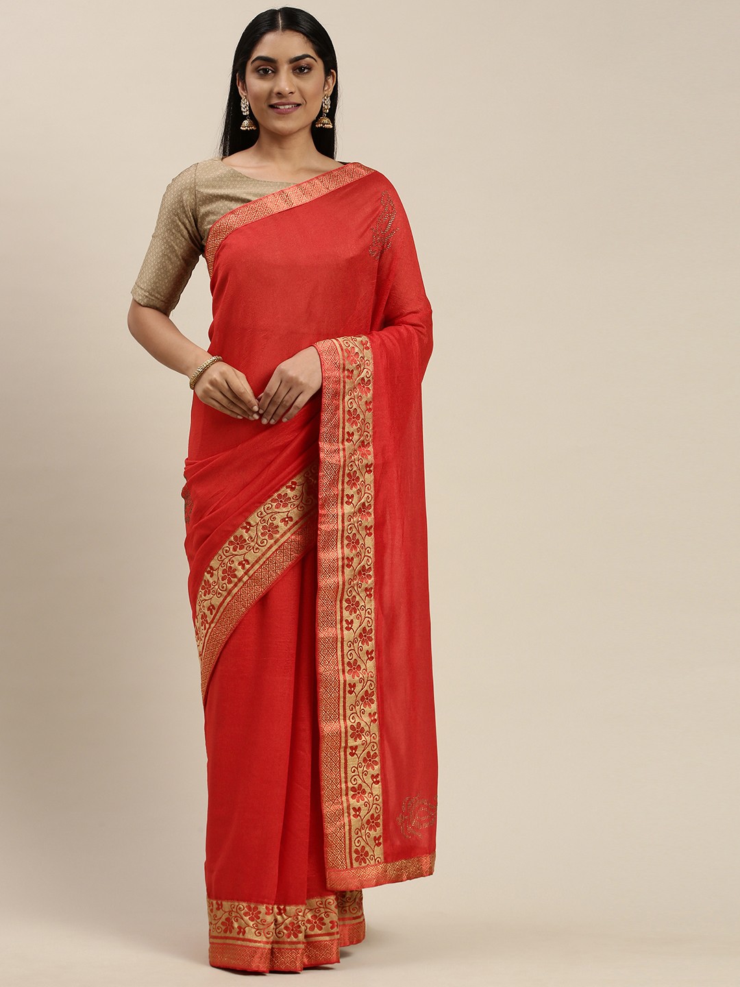 

Indian Women Red & Golden Silk Blend Embellished Saree