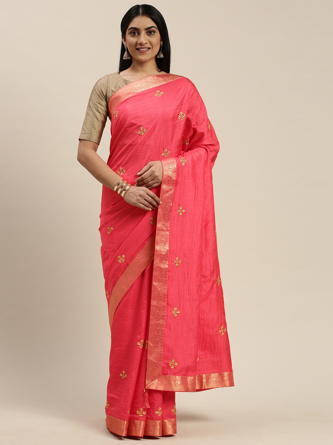 

Indian Women Peach-Coloured Embroidered Saree
