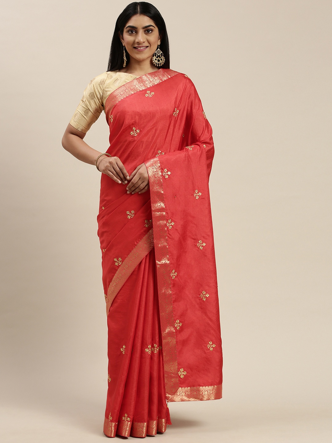

Indian Women Red & Gold-Toned Silk Blend Embellished Saree