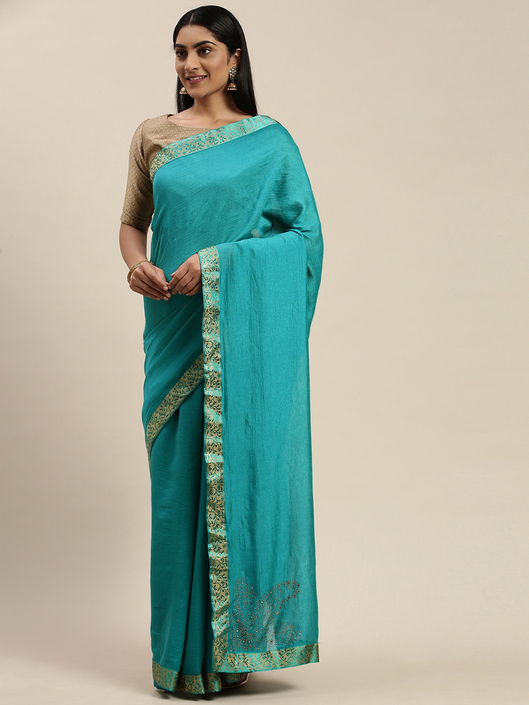 

Indian Women Turquoise Blue Embellished Silk Blend Saree