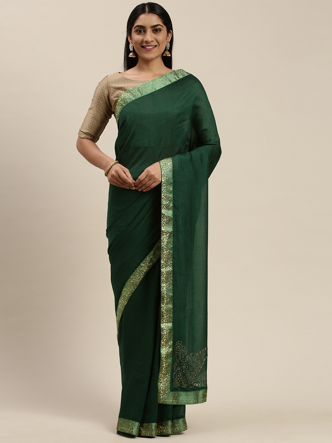 

Indian Women Green & Golden Silk Blend Solid Saree