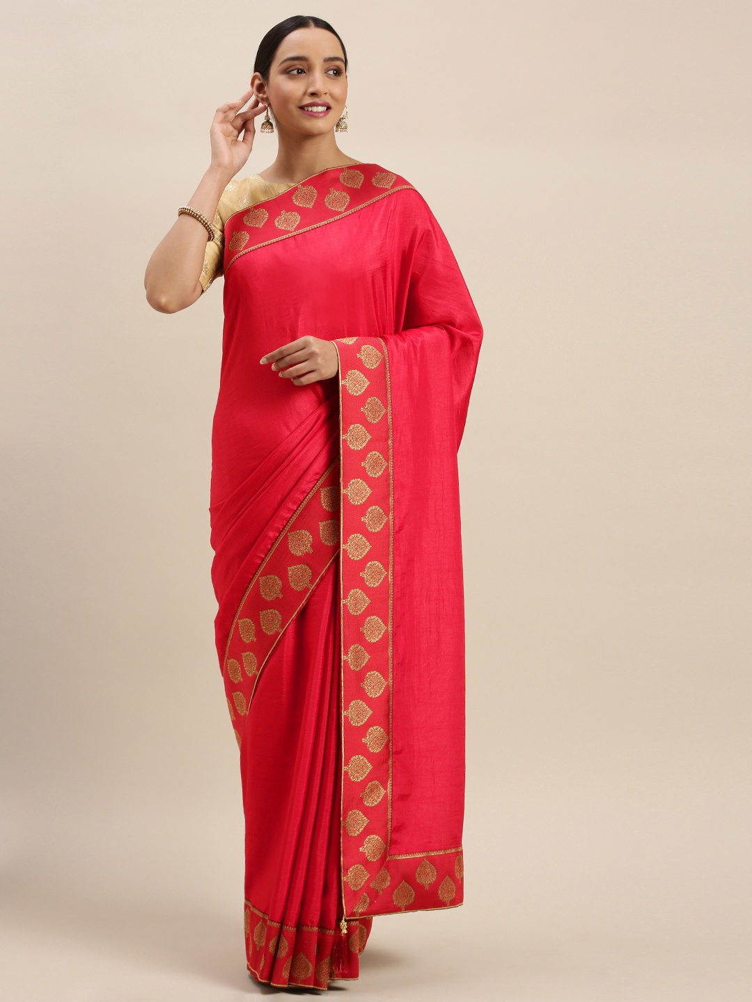 

Indian Women Red Solid Vichitra Silk Blend Saree