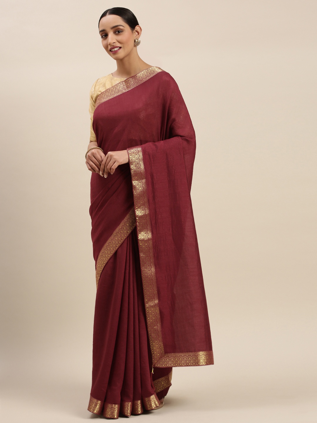 

Indian Women Maroon Solid Silk Blend Designer Saree