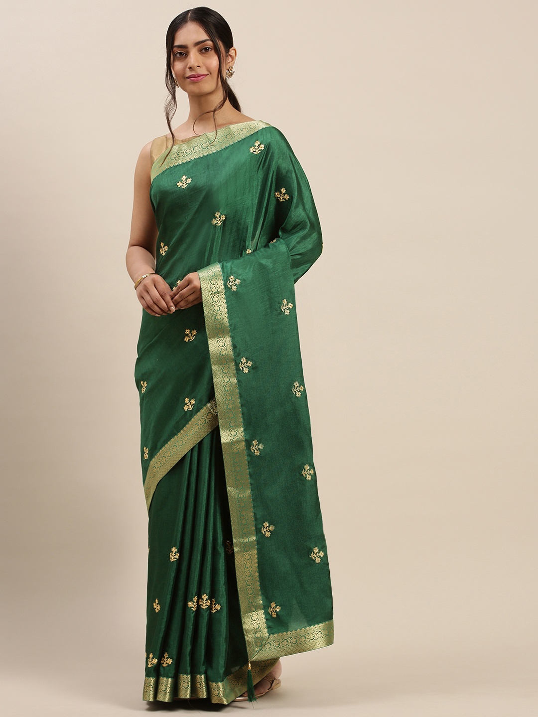 

Indian Women Green & Golden Silk Blend Embroidered Saree
