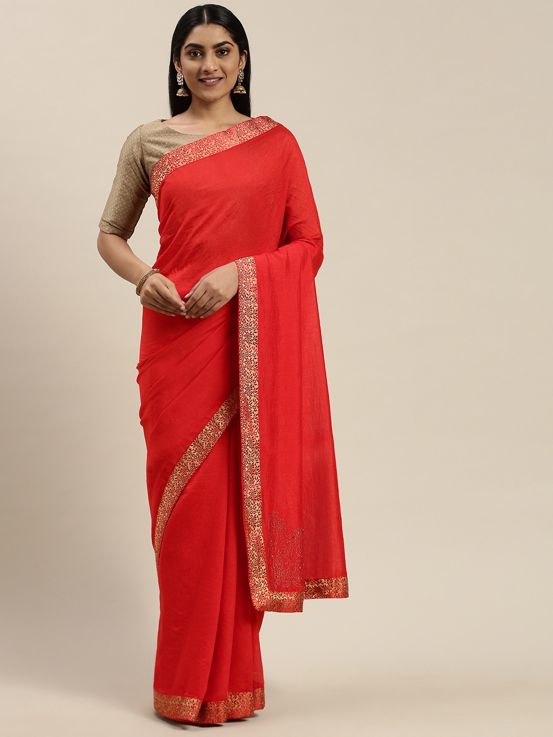 

Indian Women Red Embellished Silk Blend Saree