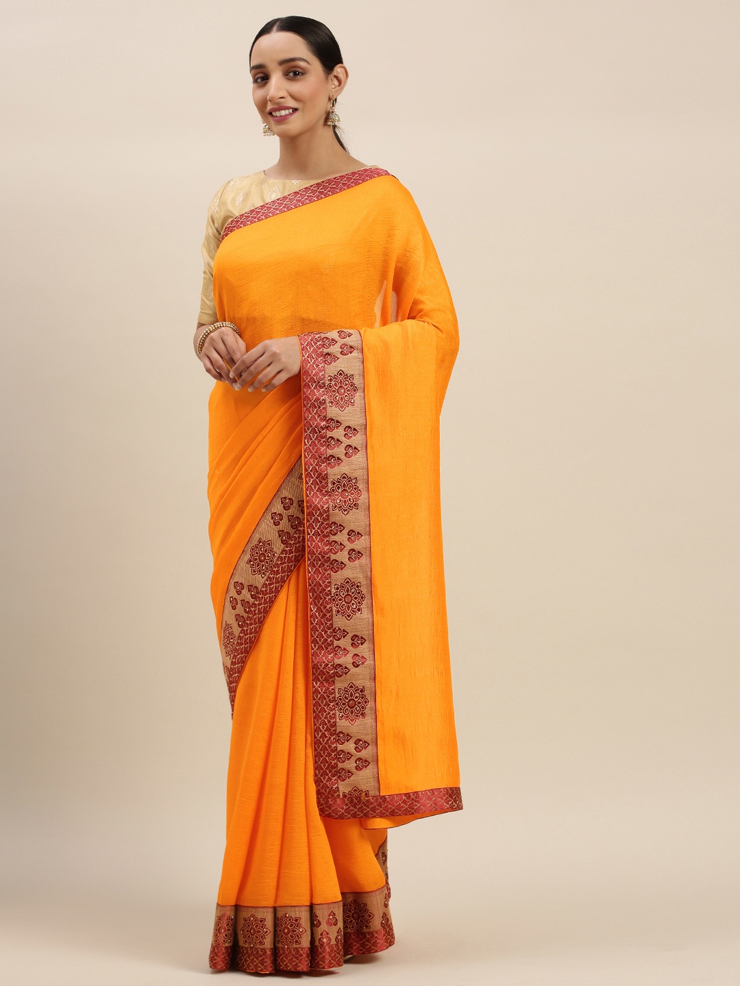 

Indian Women Mustard Yellow Solid Silk Blend Designer Saree