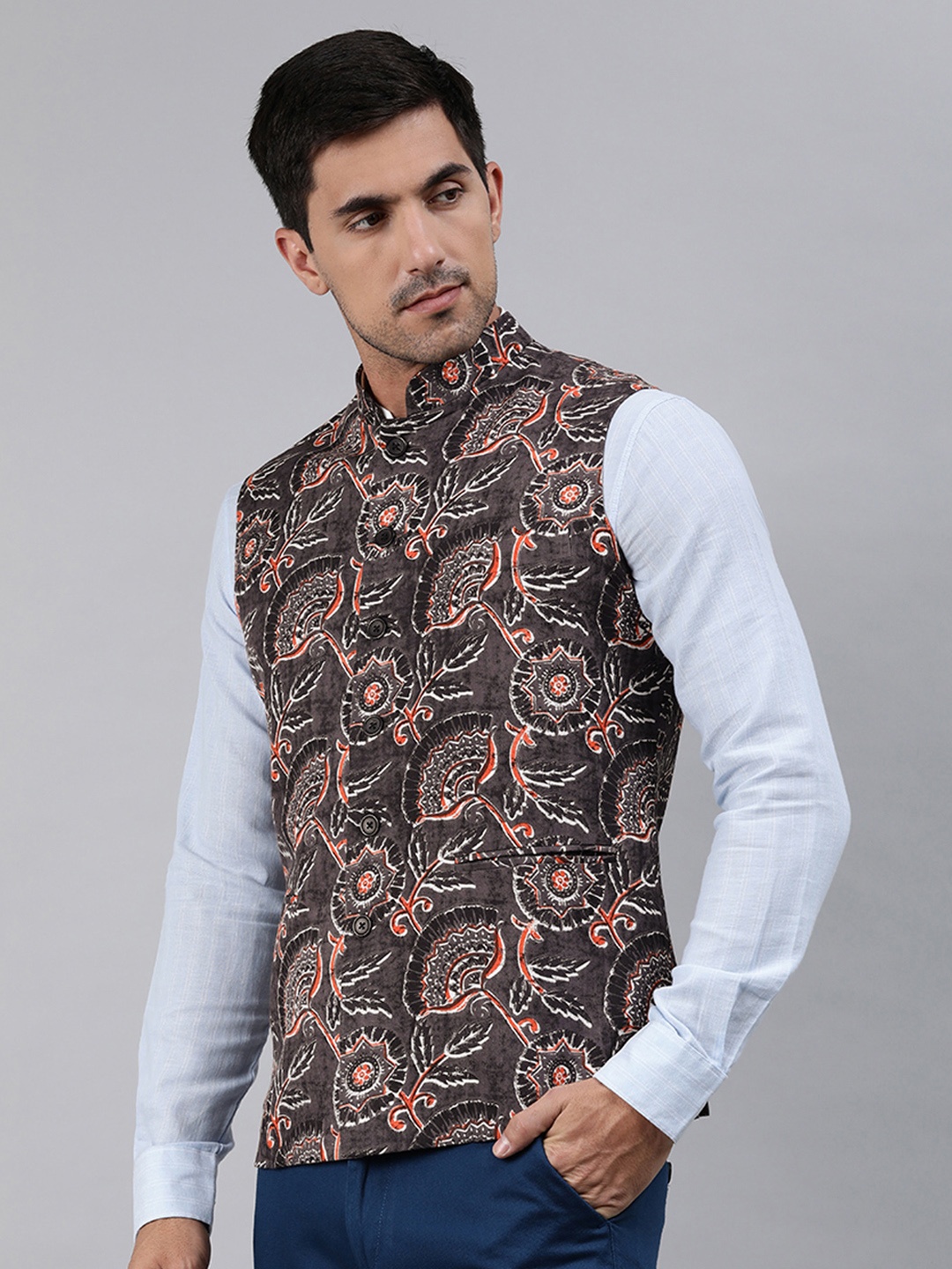 

Ethnix by Raymond Men Charcoal Grey & Orange Printed Pure Cotton Nehru Jacket