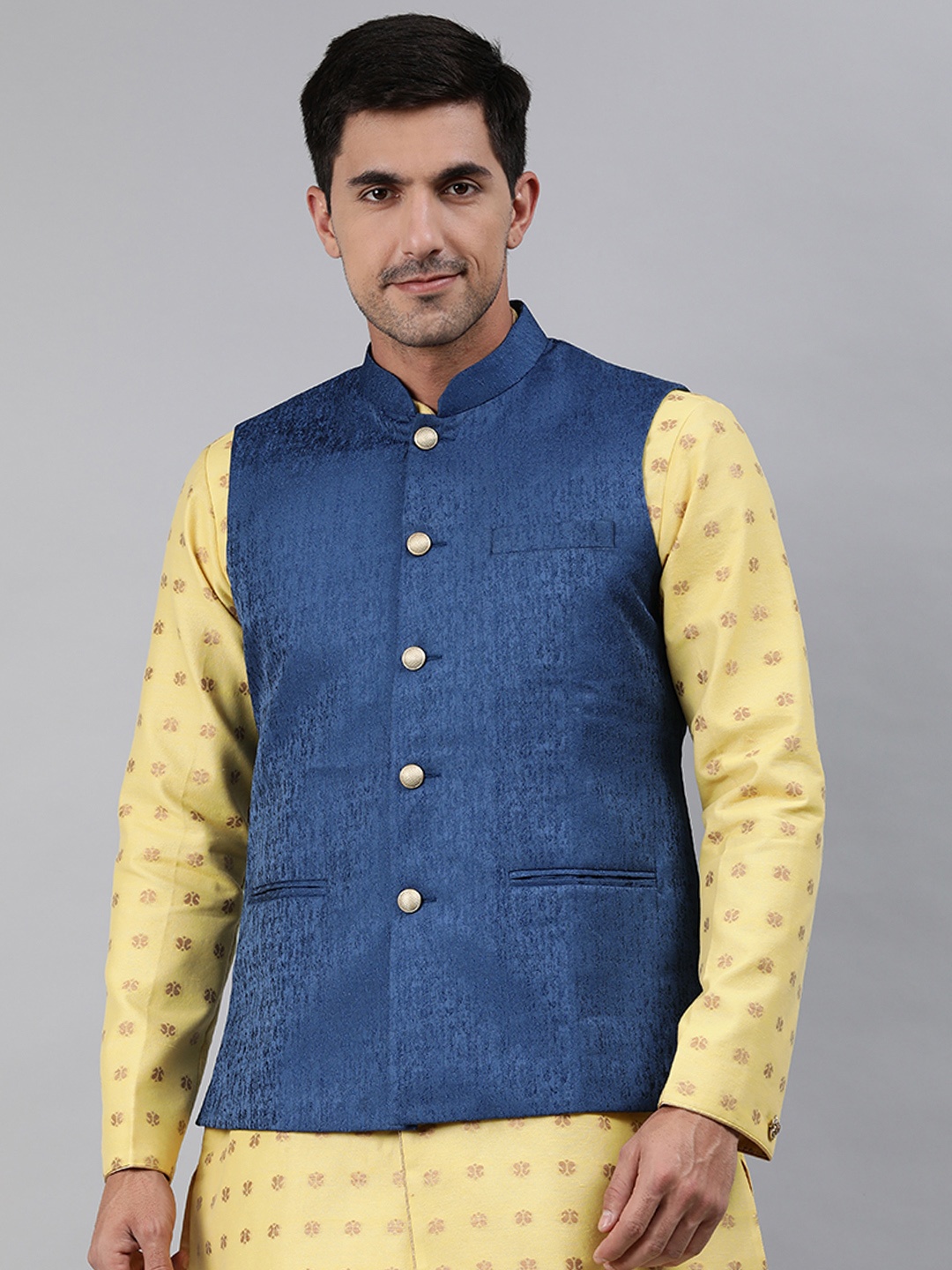 

Ethnix by Raymond Men Blue & Beige Printed Woven Nehru Jacket