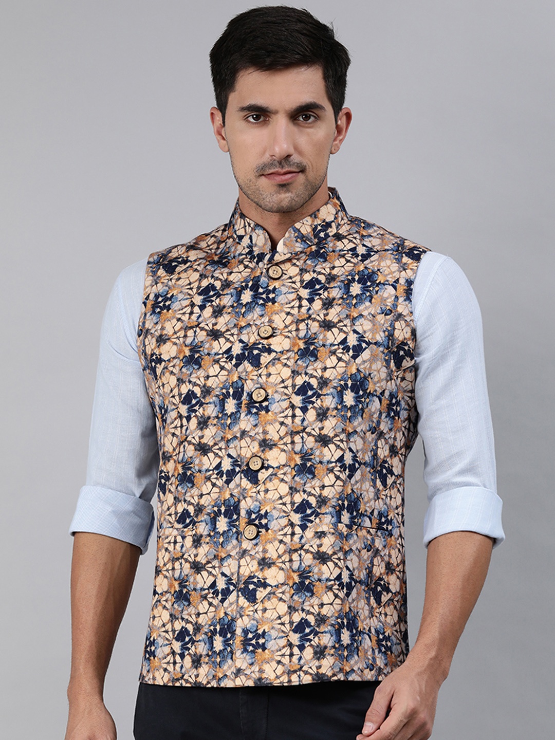 

Ethnix by Raymond Men Blue & Cream-Cloured Printed Woven Nehru Jacket