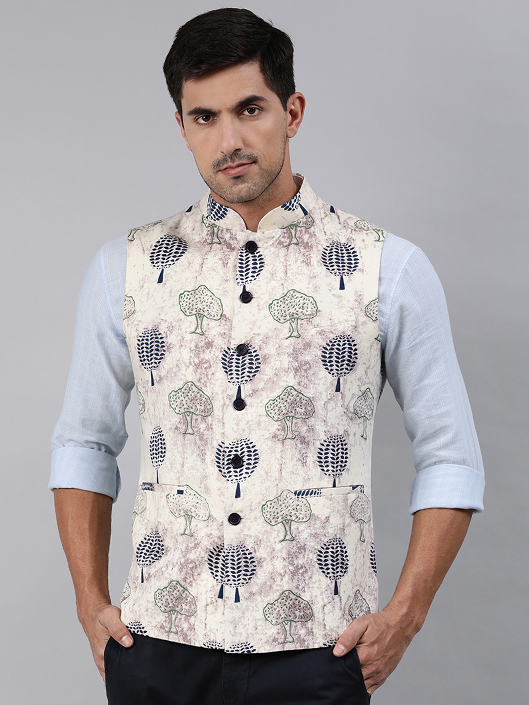 

Ethnix by Raymond Men White & Navy Blue Printed Nehru Jacket