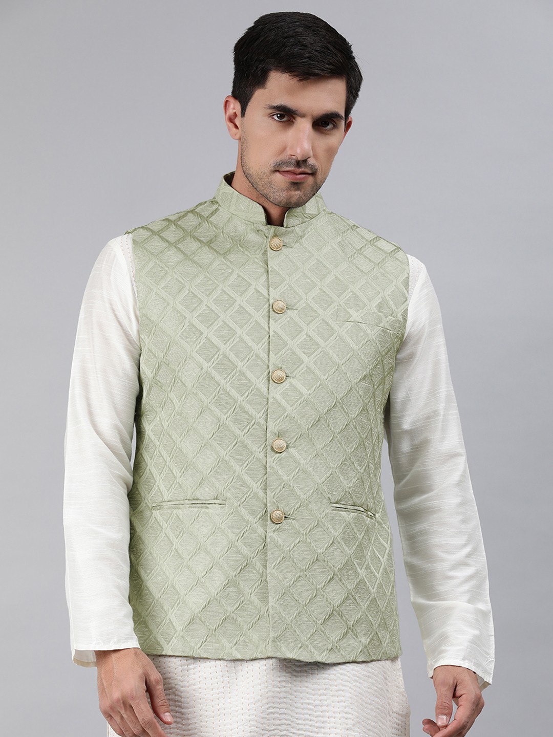 

Ethnix by Raymond Men Olive Green Woven Design Nehru Jacket