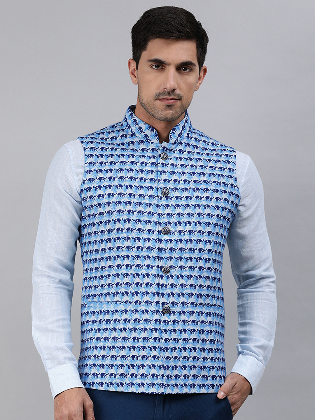 

Ethnix by Raymond Men White & Blue Printed Nehru Jacket