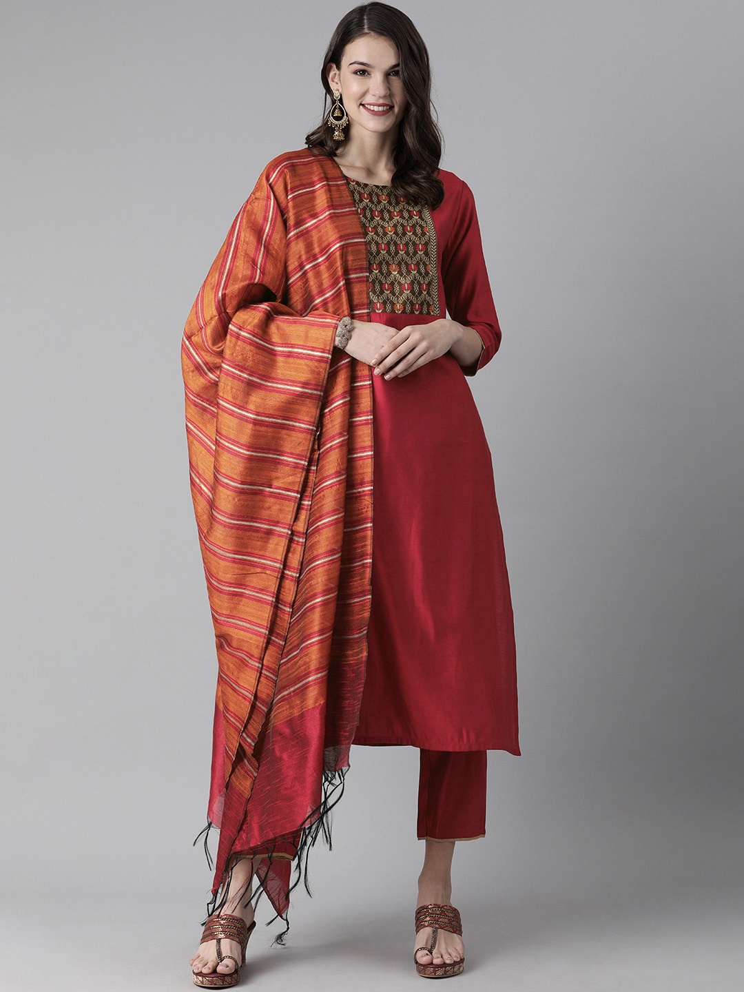 

Indo Era Women Red Yoke Design Liva Kurta with Trousers & Dupatta