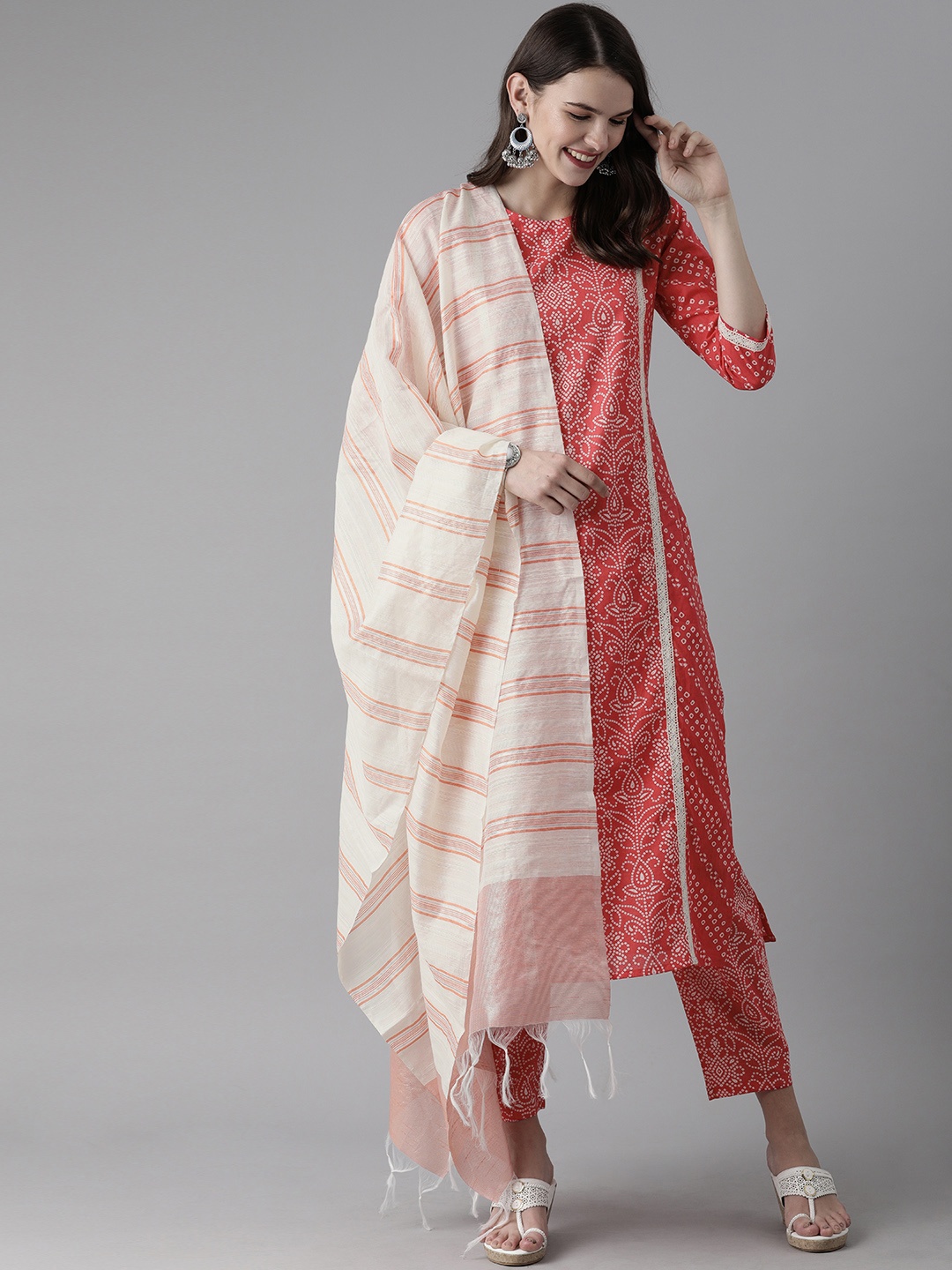 

Indo Era Women Pink & White Bandhani Printed Pure Cotton Kurta with Trousers & Dupatta