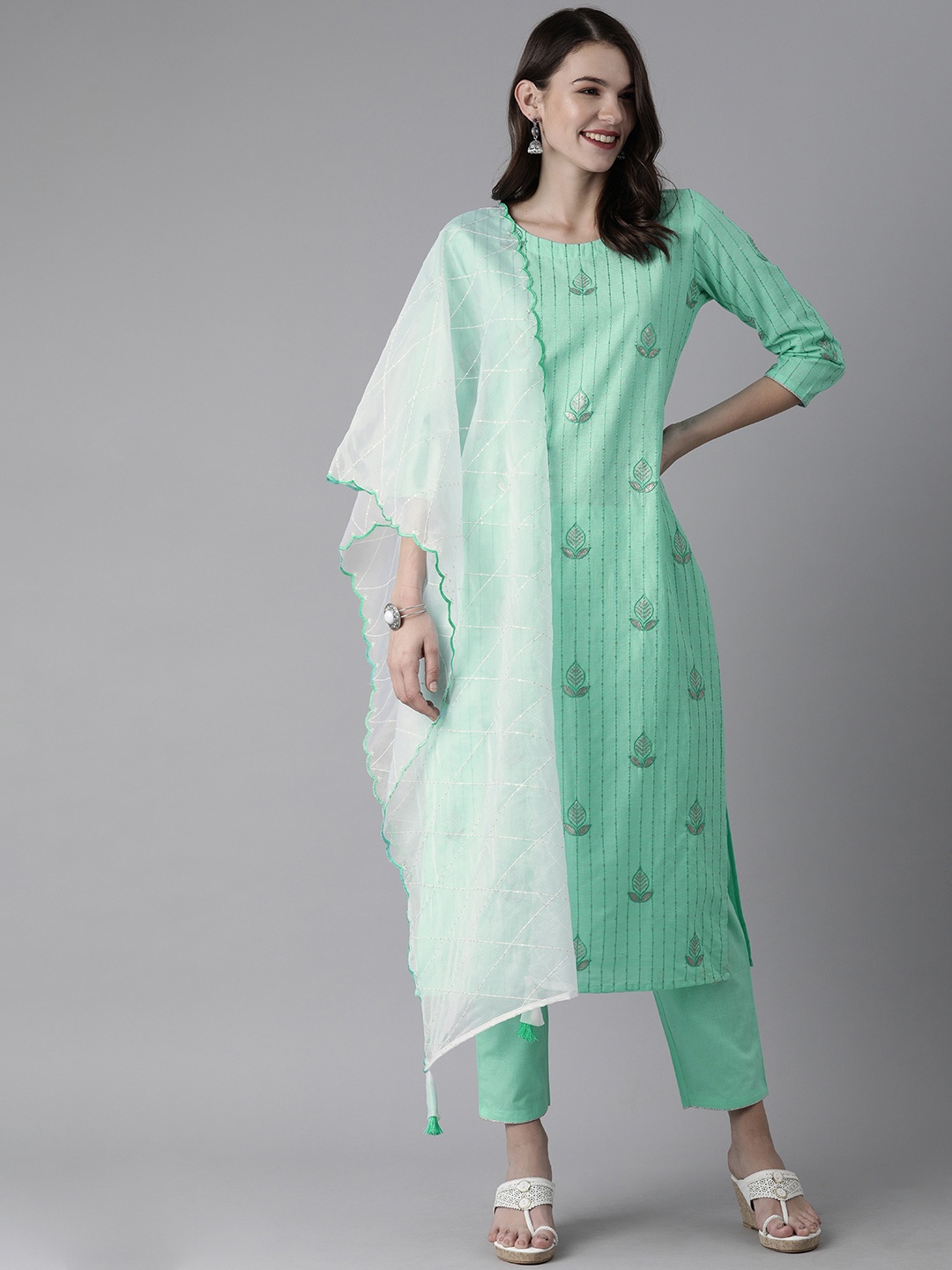 

Indo Era Women Sea Green Embroidered Kurta with Trousers & Dupatta