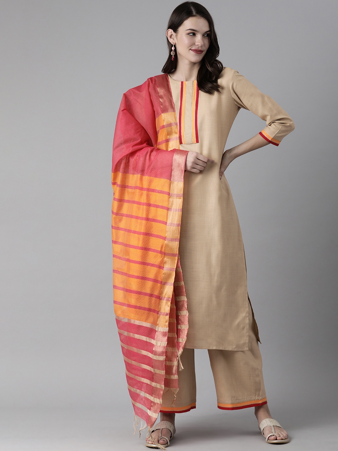 

Indo Era Women Beige Solid Kurta with Palazzos & Dupatta
