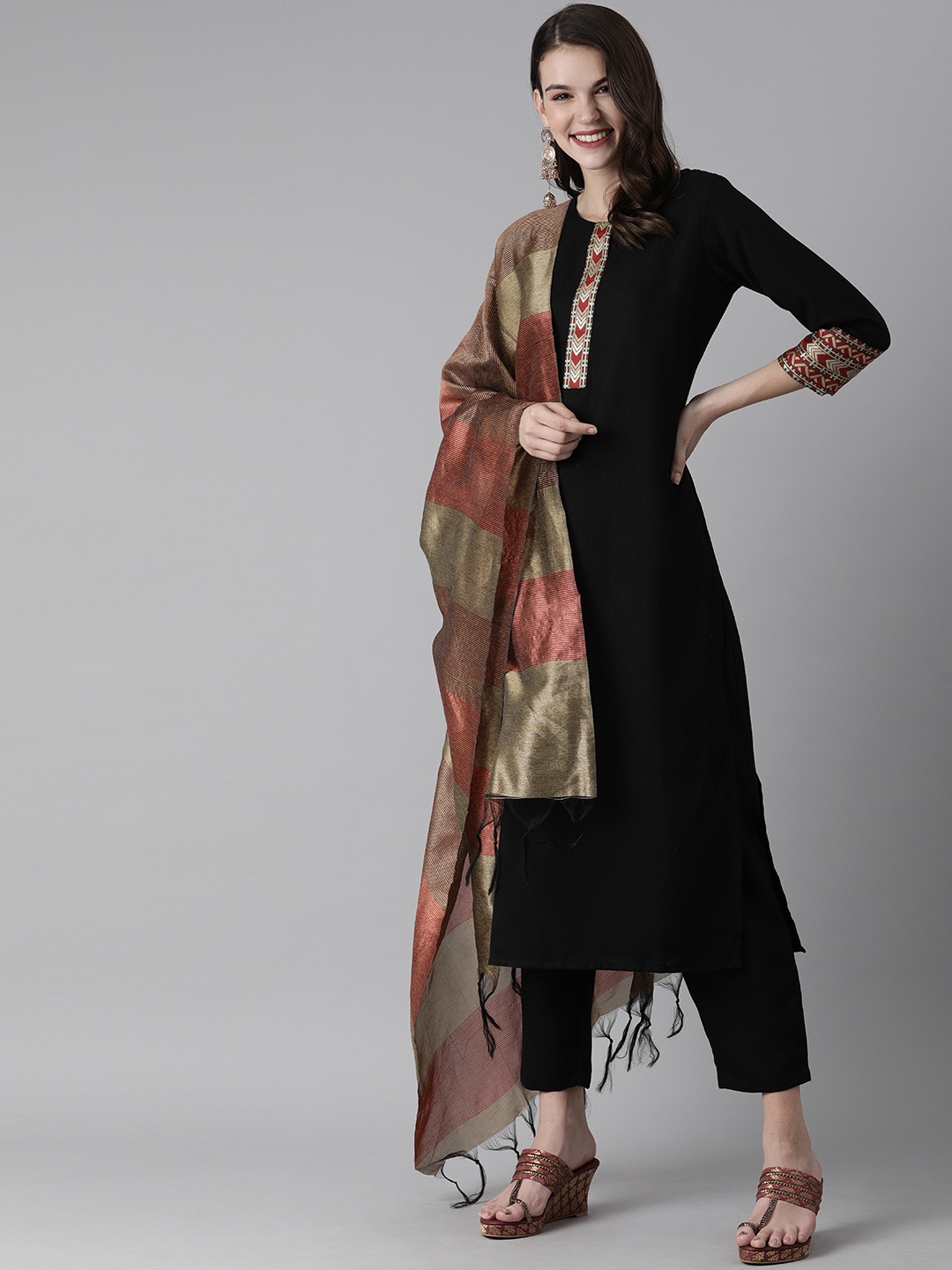 

Indo Era Women Black Solid Kurta with Trousers & Dupatta
