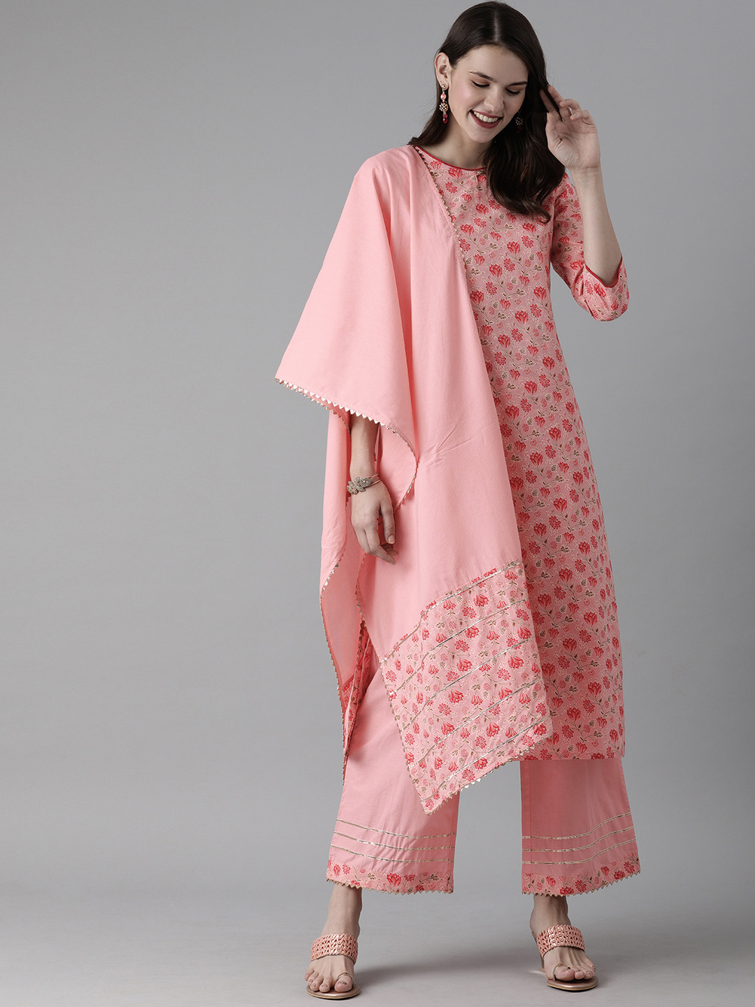 

Indo Era Women Pink & Red Floral Printed Kurta with Palazzos & Dupatta