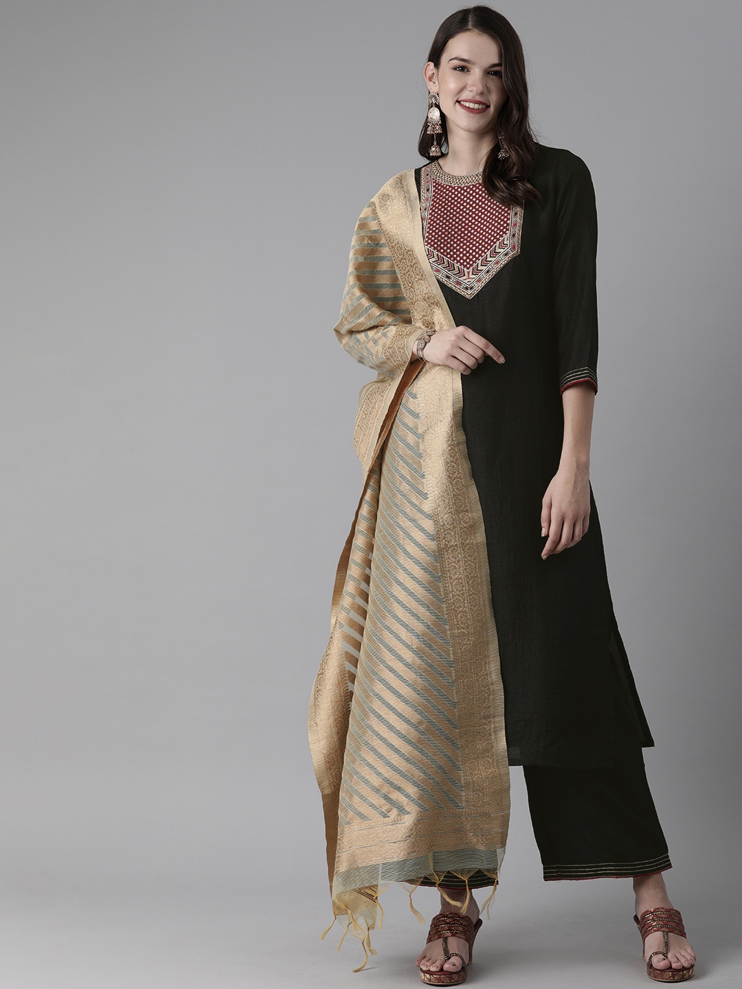 

Indo Era Women Black Solid Kurta with Palazzos & Dupatta