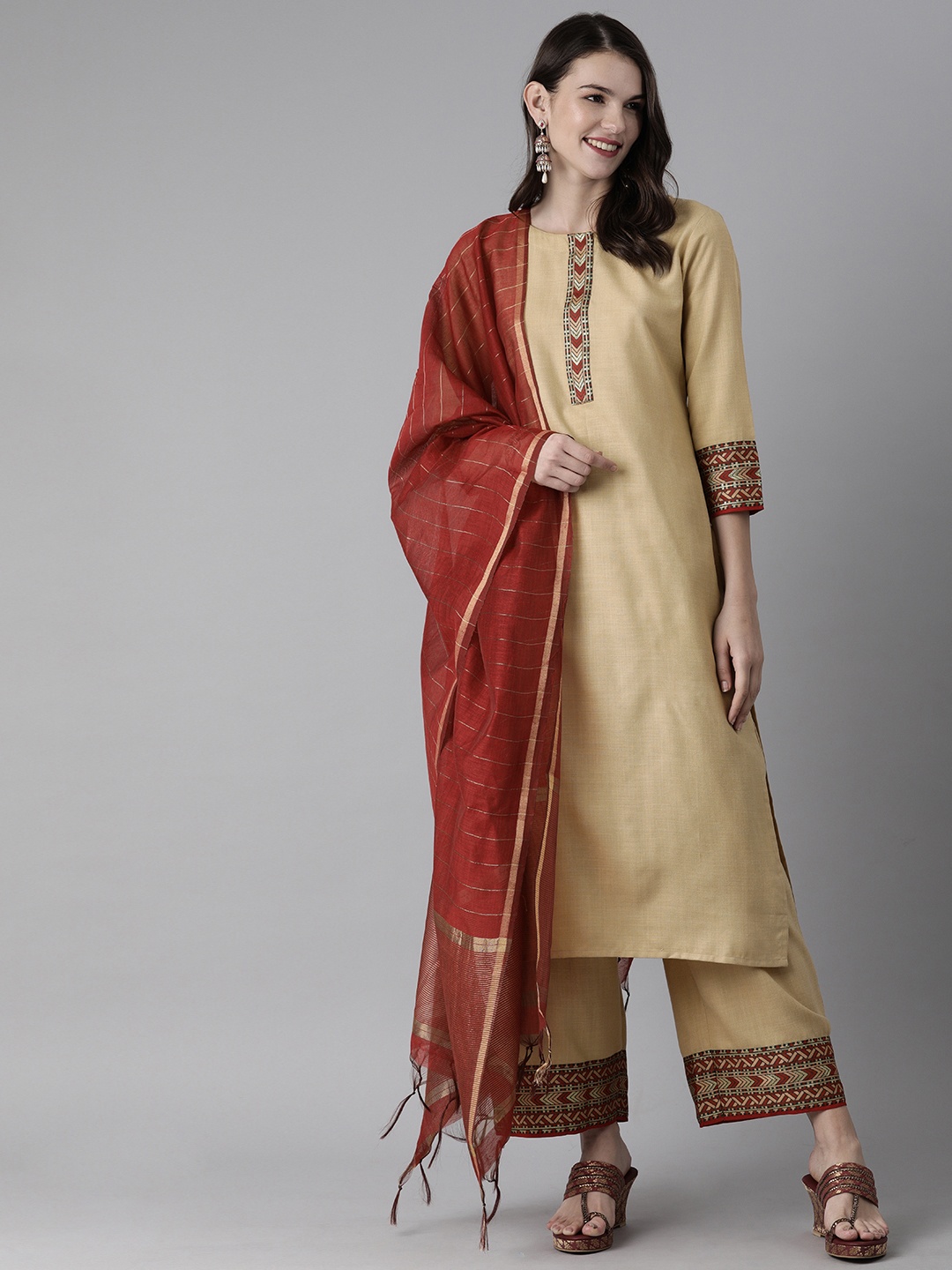 

Indo Era Women Beige & Maroon Solid Kurta with Palazzos & Dupatta