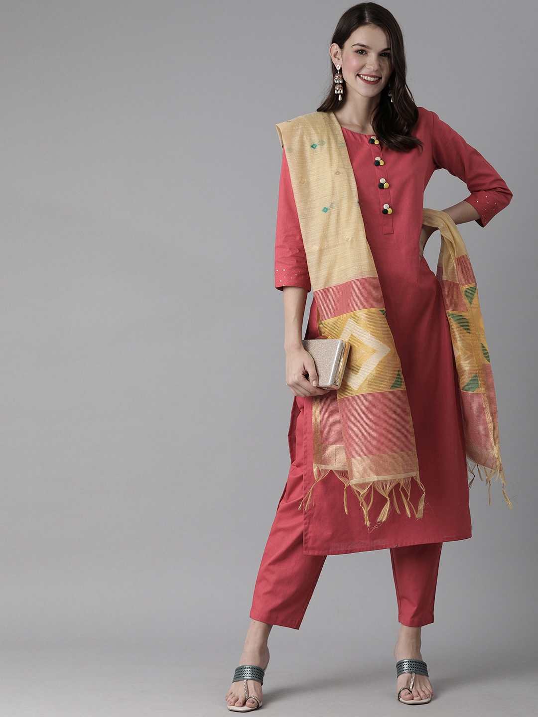 

Indo Era Women Red Solid Kurta with Palazzos & Dupatta