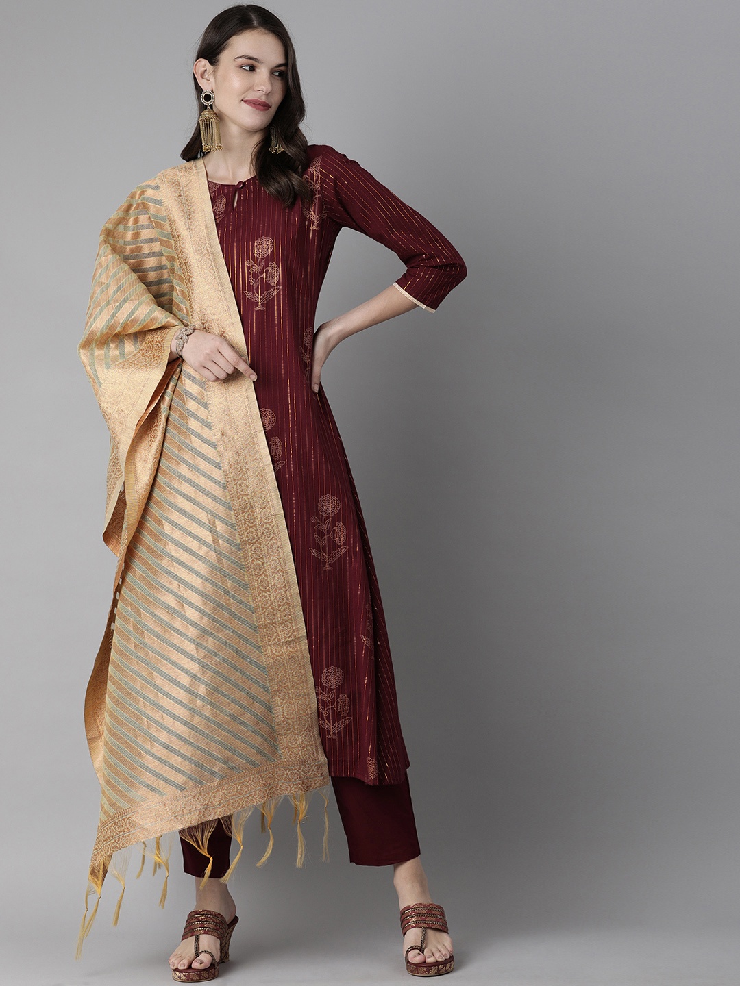 

Indo Era Women Burgundy & Gold-Toned Striped Kurta with Trousers & Dupatta