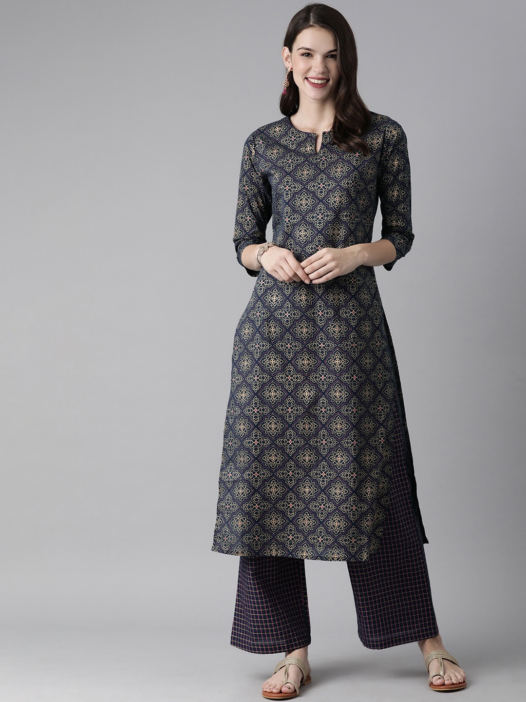 

Indo Era Women Navy Blue & Gold-Toned Printed Kurta with Palazzos