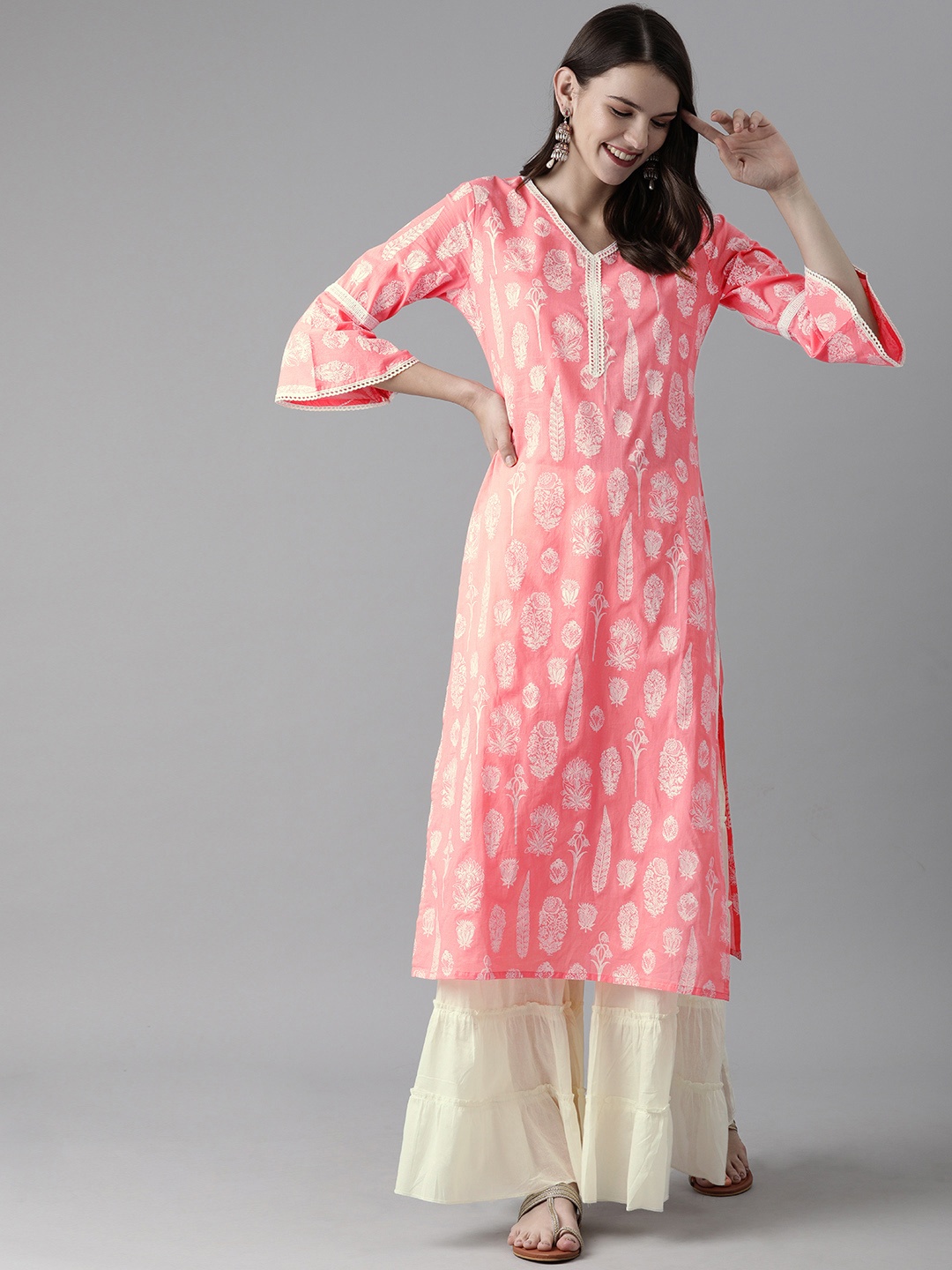 

Indo Era Women Pink & White Printed Kurta with Palazzos
