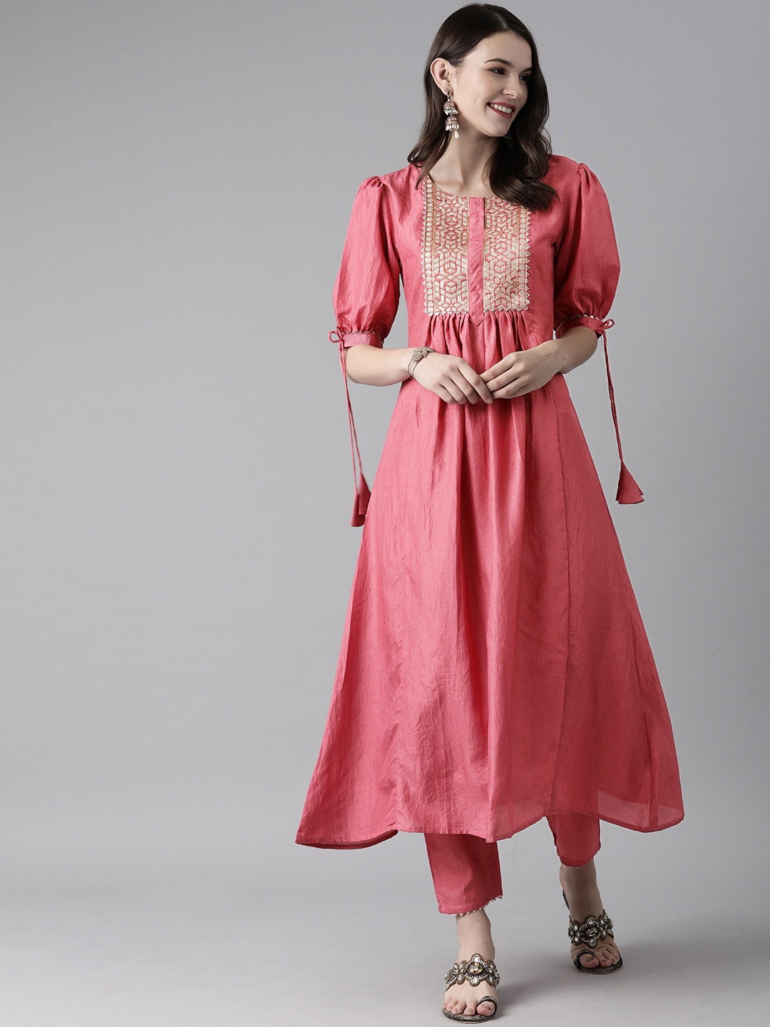

Indo Era Women Pink & Gold-Toned Yoke Design Kurta with Trousers