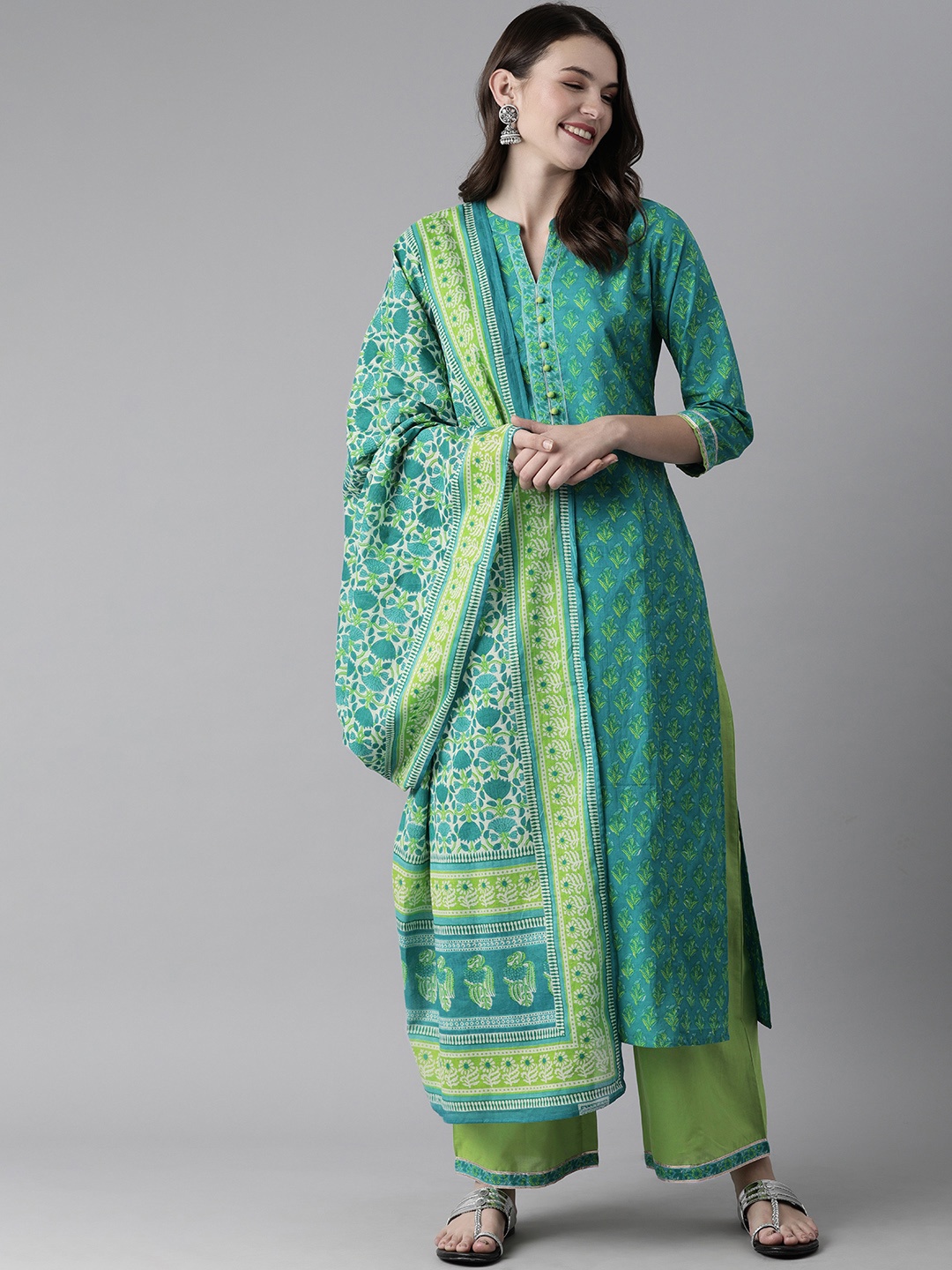 

Indo Era Women Blue & Green Printed Kurta with Palazzos & Dupatta