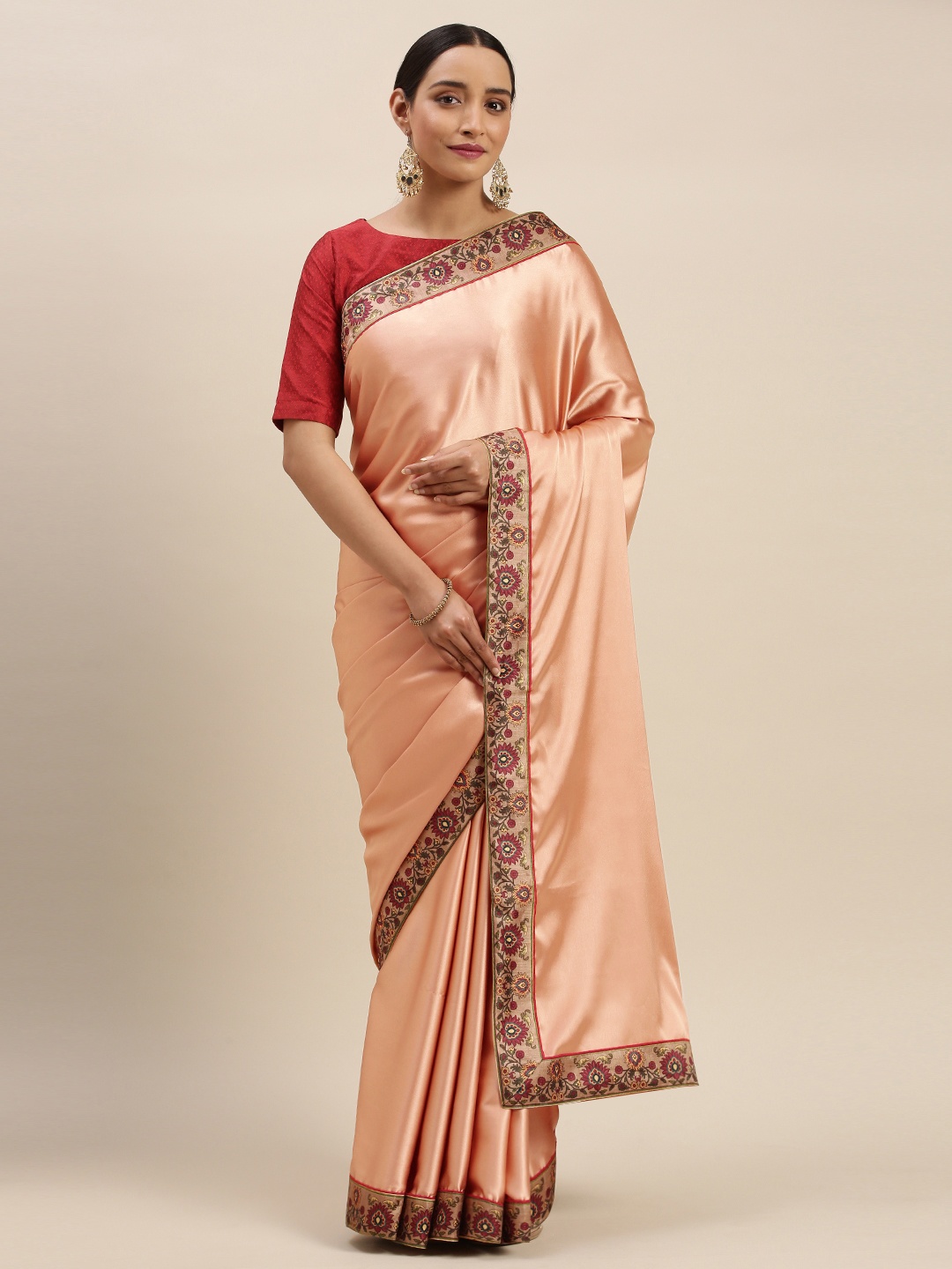 

Mitera Peach-Coloured & Beige Solid Saree