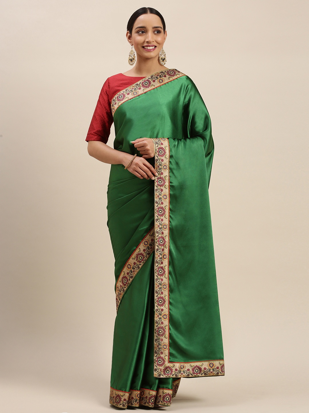 

Mitera Green & Beige Solid Saree