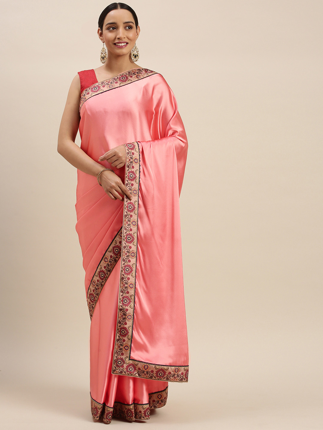 

Mitera Coral Pink Solid Pure Crepe Saree