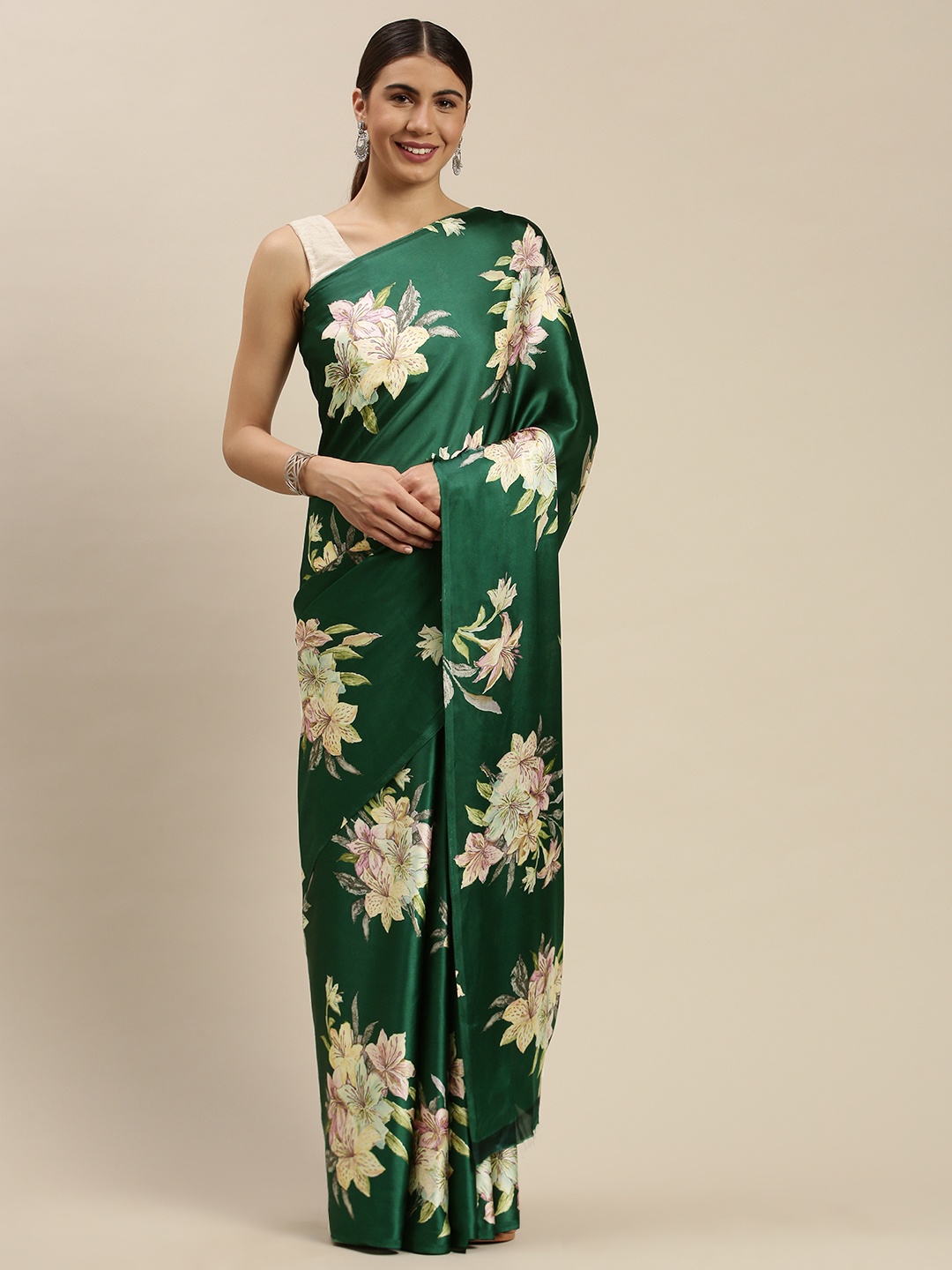 

Mitera Green & Beige Floral Printed Saree