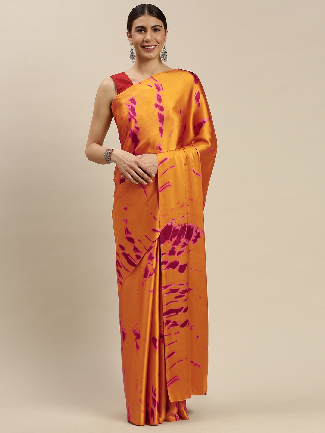 

Mitera Mustard Yellow & Pink Printed Satin Saree