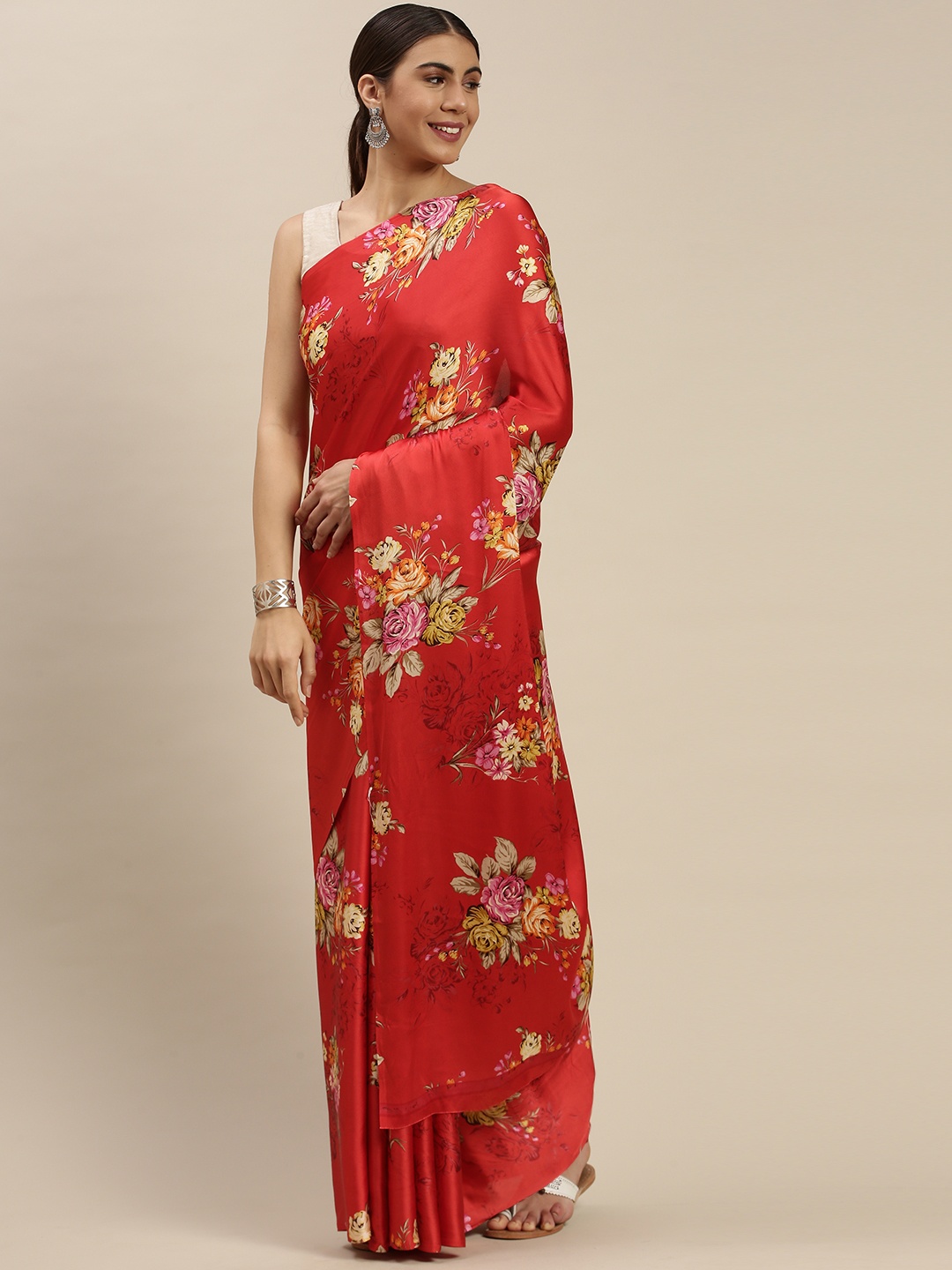 

Mitera Red & Yellow Floral Printed Saree