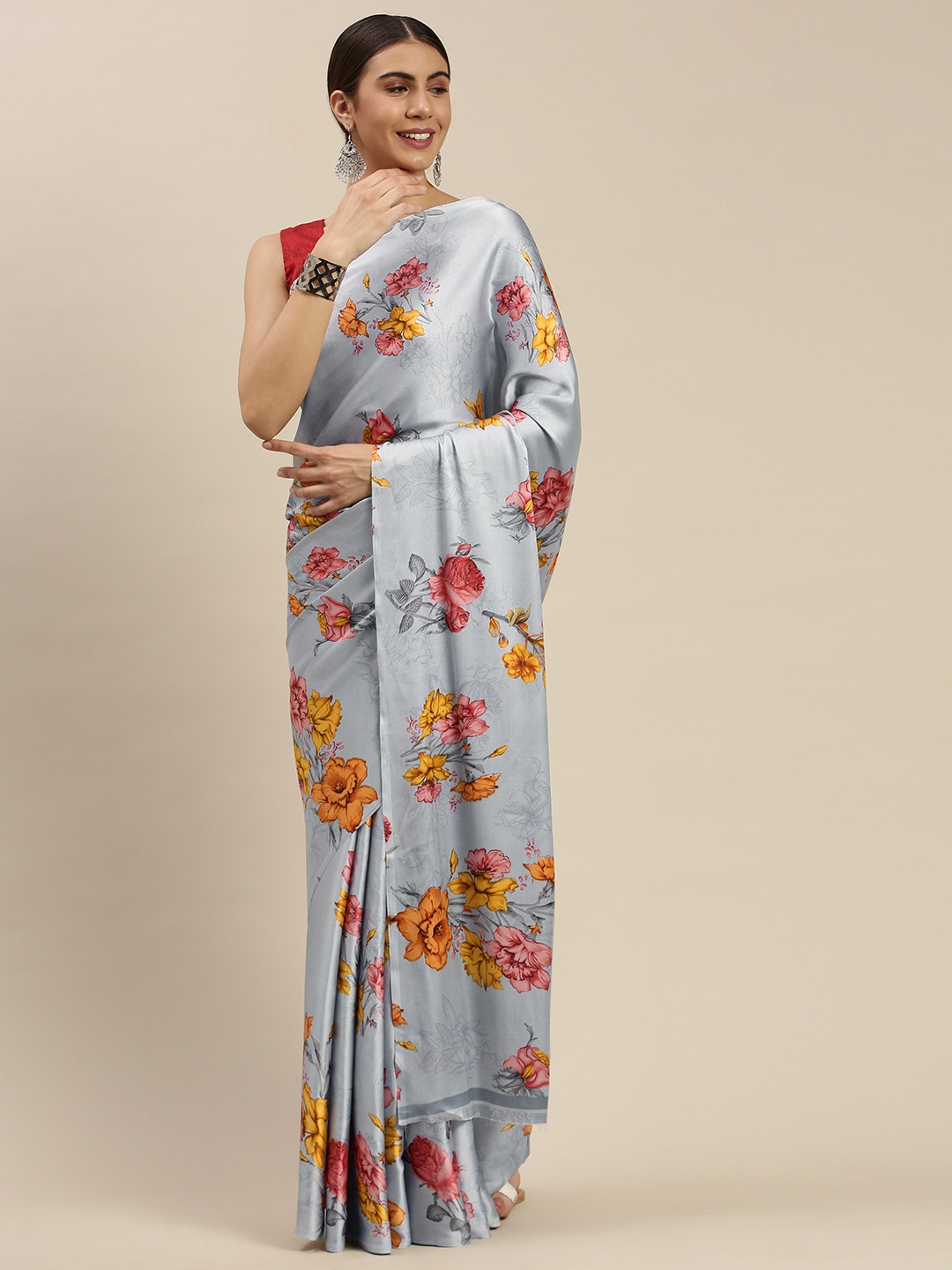 

Mitera Grey & Yellow Floral Satin Printed Saree