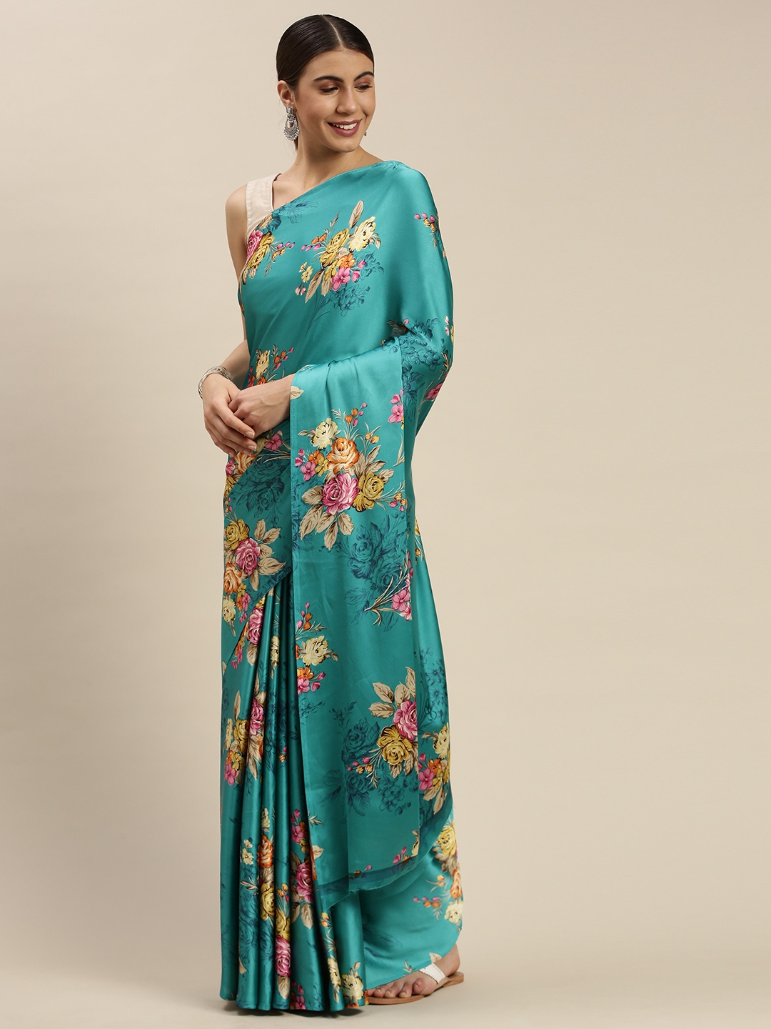 

Mitera Teal Blue & Beige Floral Printed Satin Saree