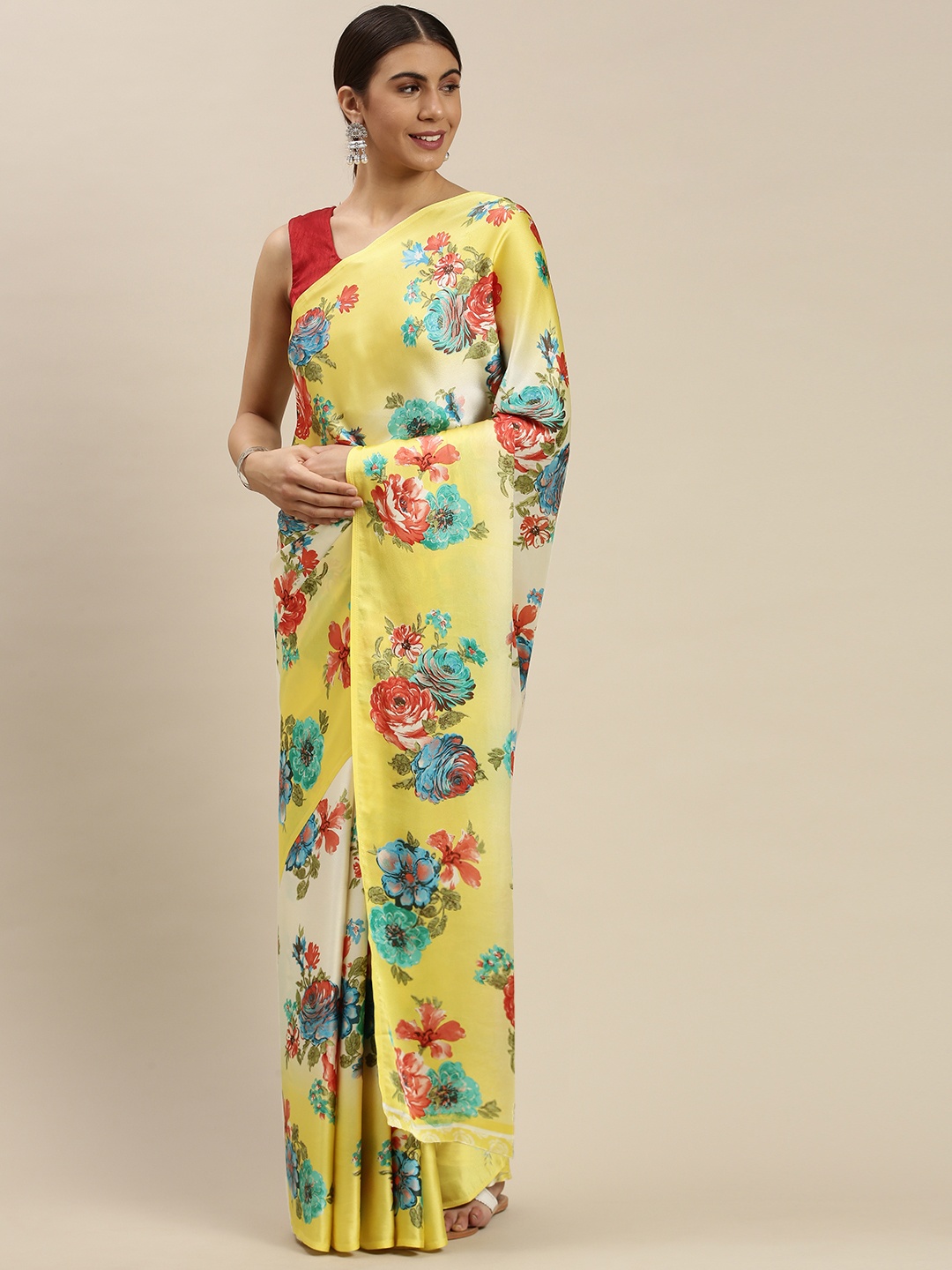 

Mitera Yellow & Red Floral Printed Saree