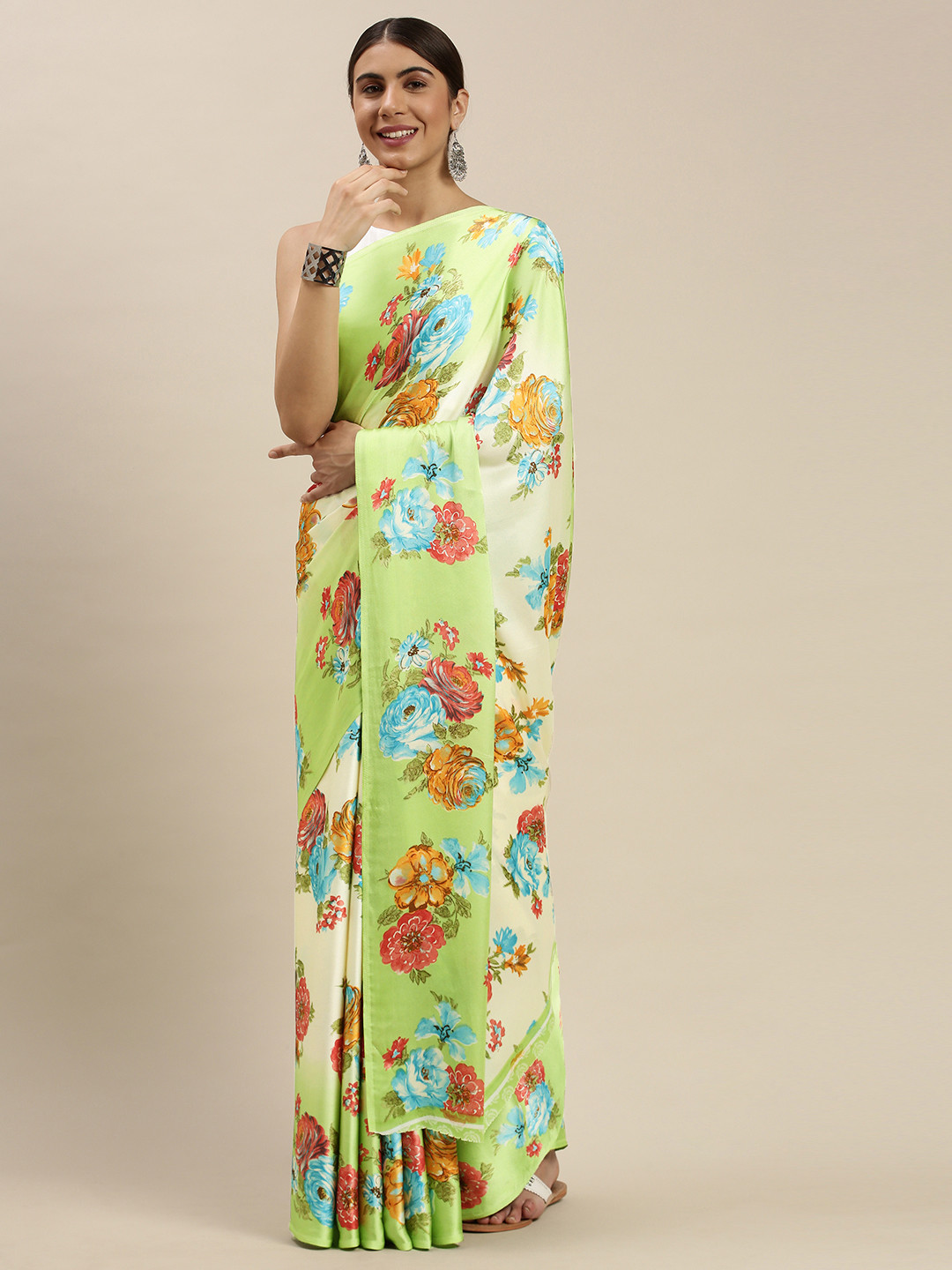 

Mitera Green & White Floral Printed Satin Saree