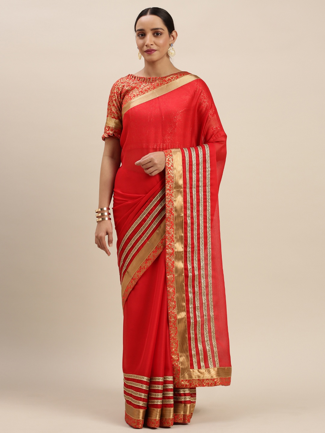 

Mitera Red & Golden Poly Chiffon Solid Saree