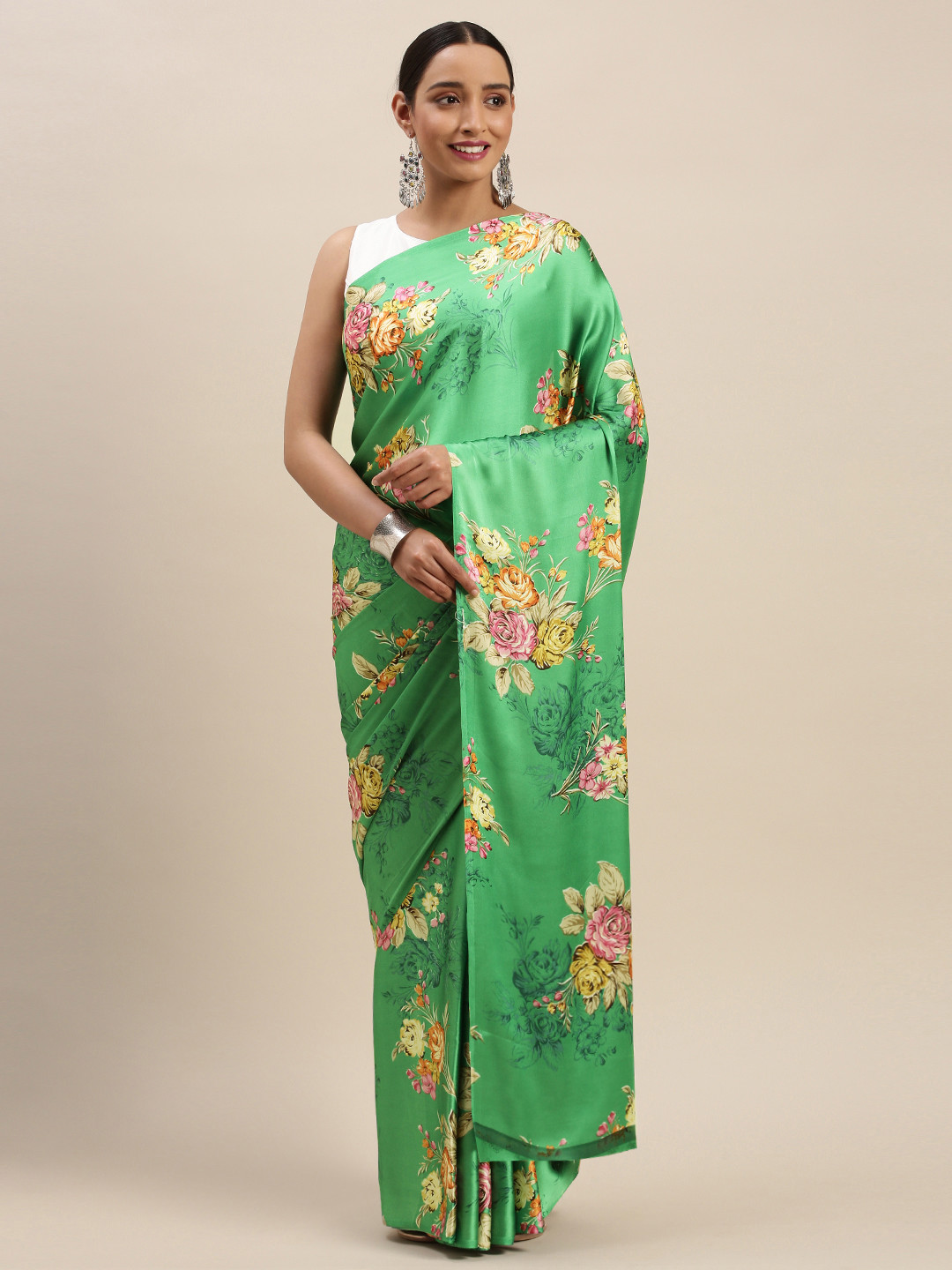 

Mitera Green & Yellow Pure Crepe Floral Printed Saree