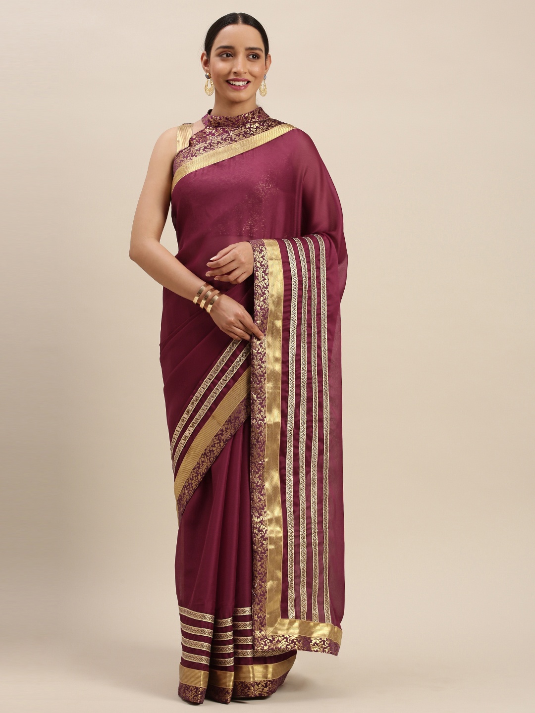 

Mitera Magenta Pink & Golden Poly Chiffon Solid Saree