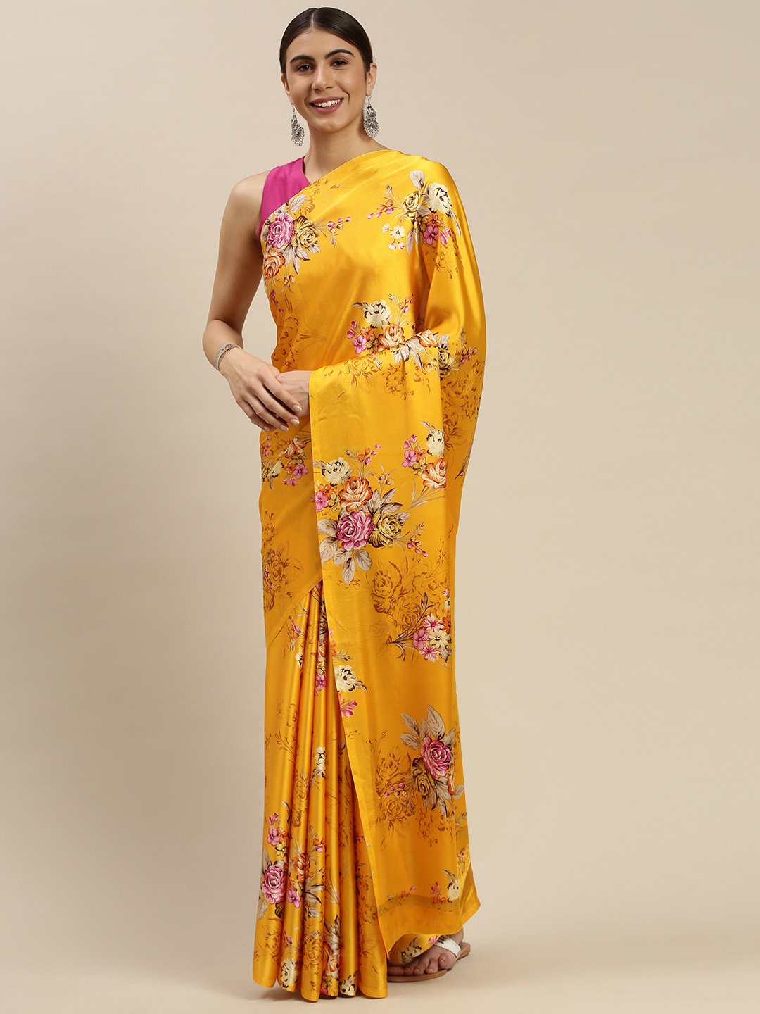 

Mitera Mustard Yellow & Pink Satin Printed Saree