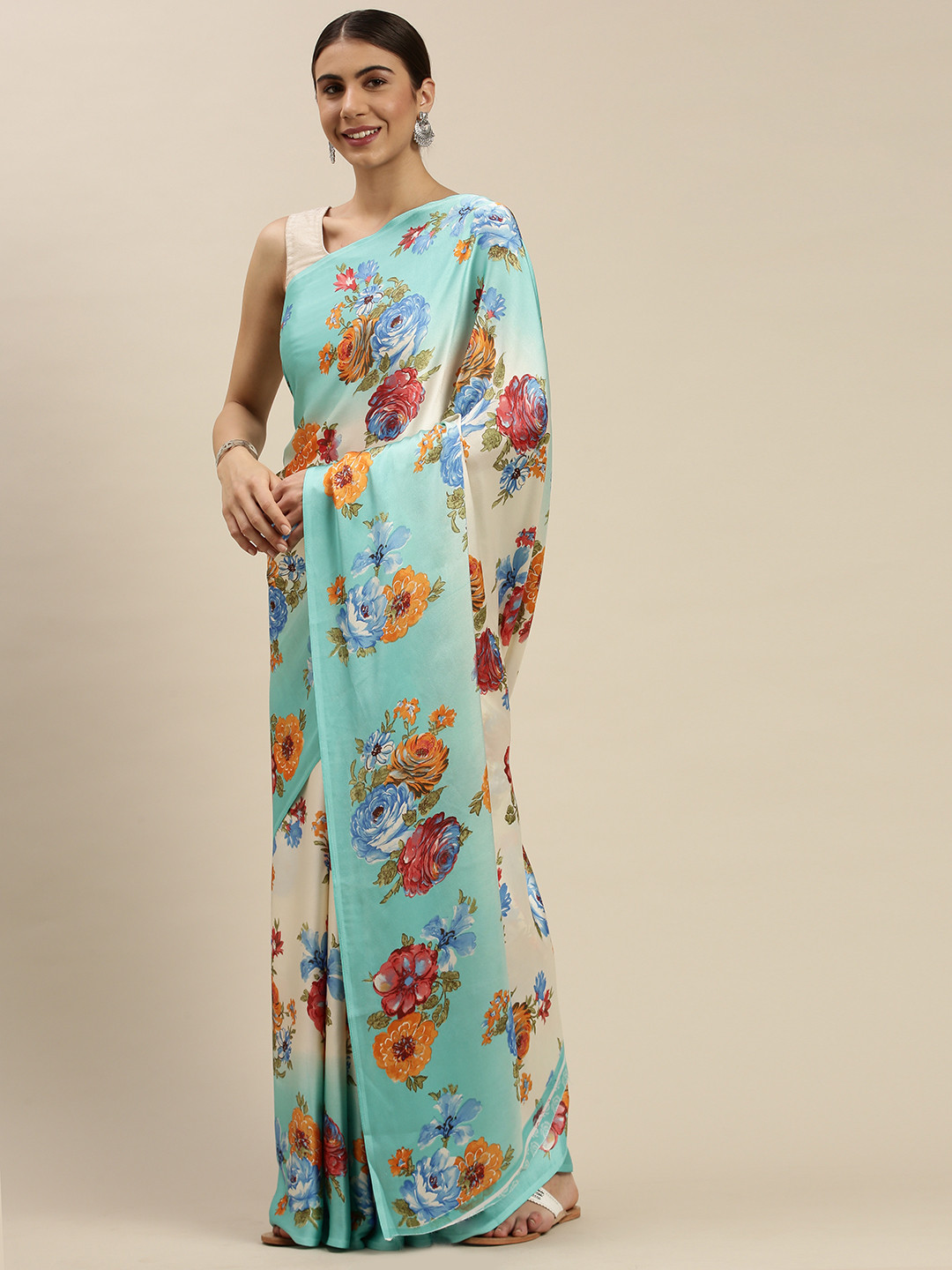 

Mitera Turquoise Blue & White Floral Printed Satin Saree