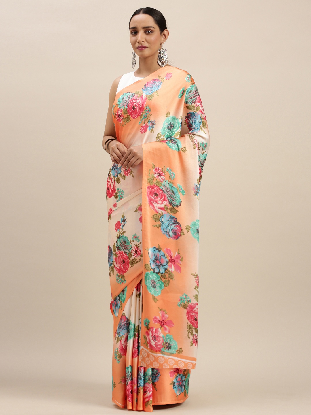 

Mitera Orange & Off-White Satin Floral Printed Saree