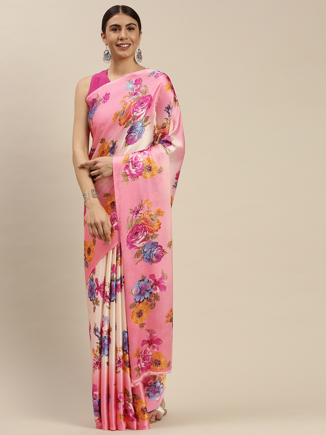 

Mitera Pink & Blue Satin Printed Saree