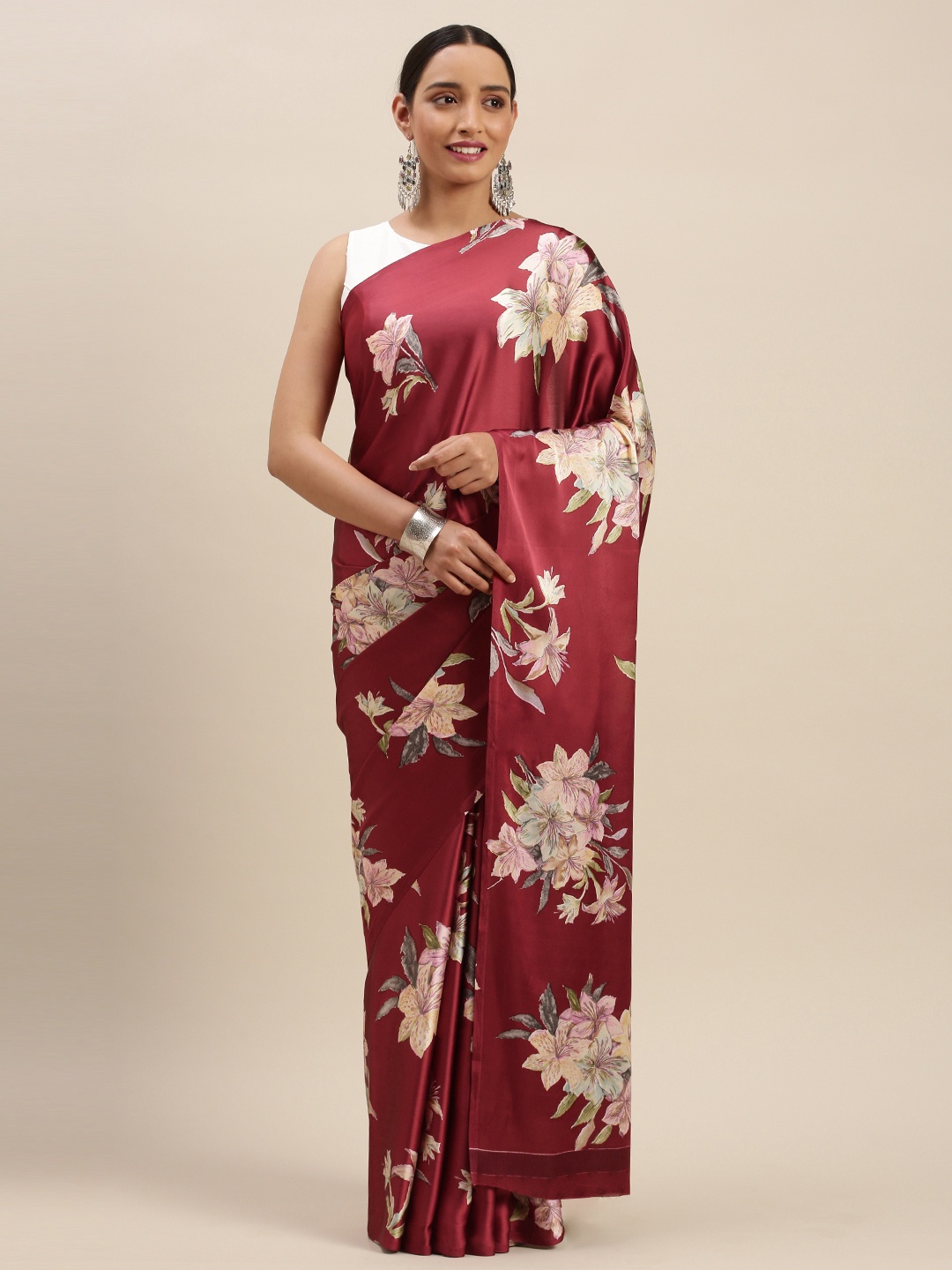 

Mitera Maroon & Beige Floral Printed Satin Saree