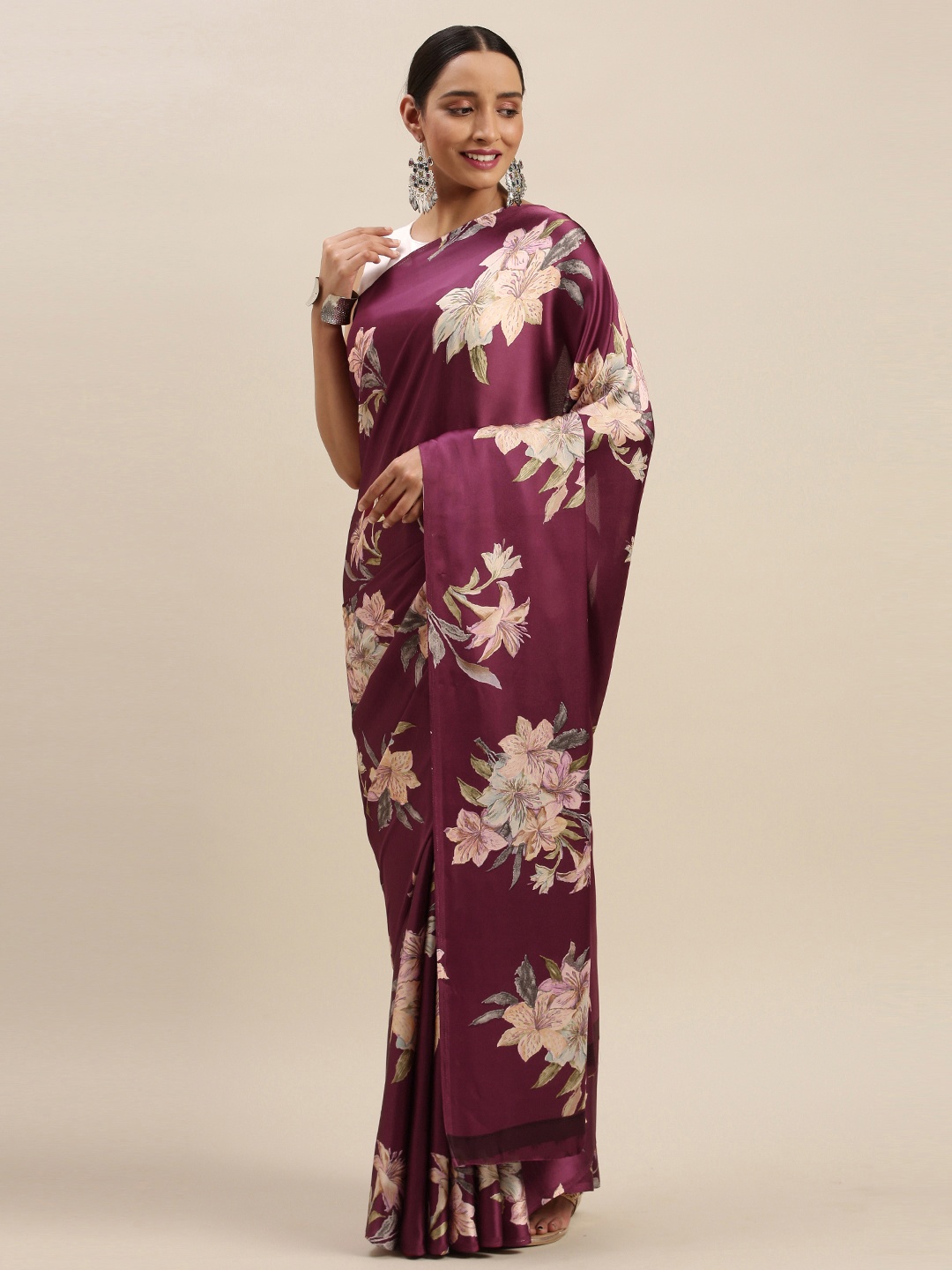 

Mitera Magenta Pink & Beige Pure Crepe Floral Printed Saree