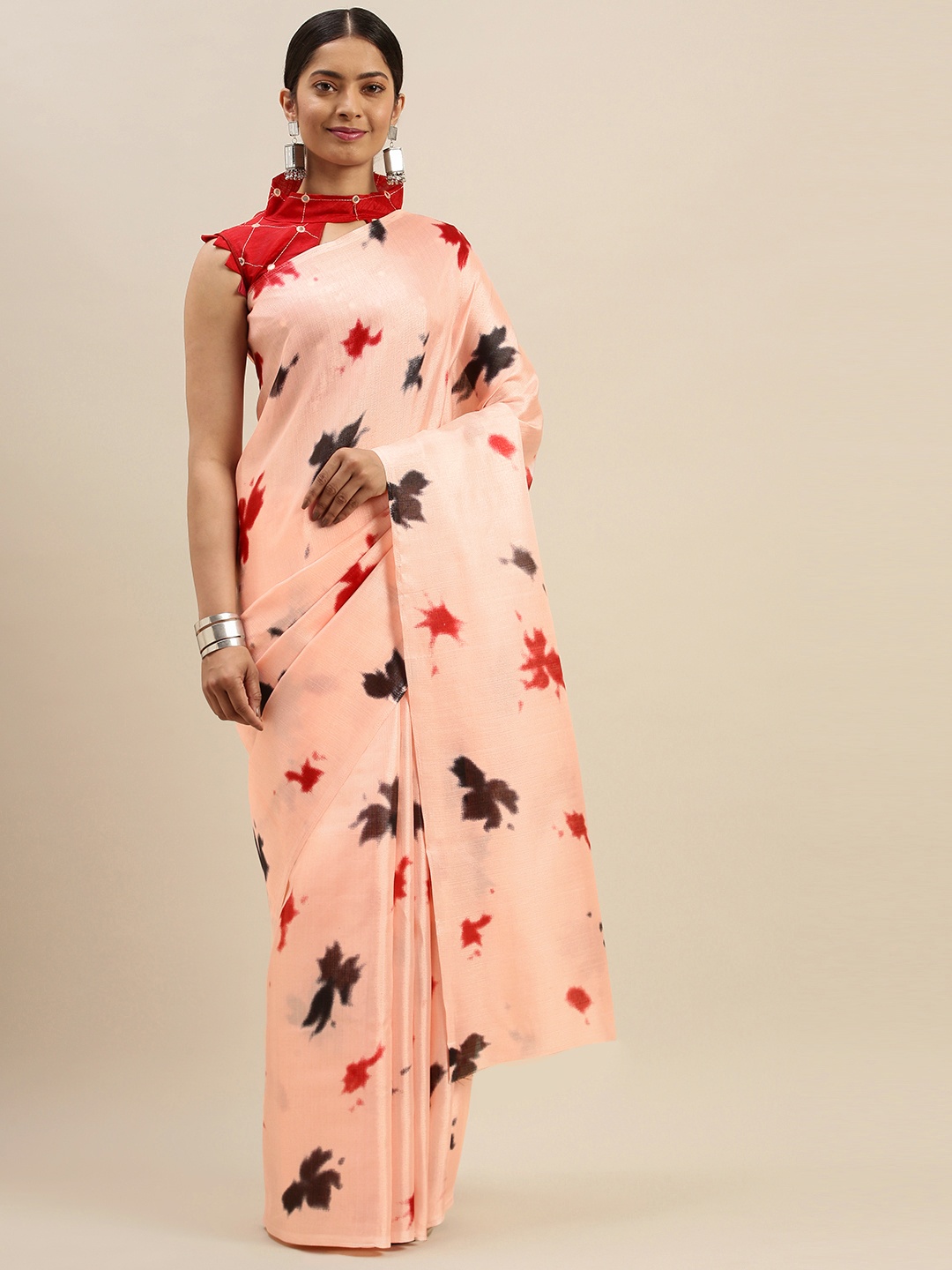 

Mitera Peach-Coloured & Red Art Silk Printed Saree